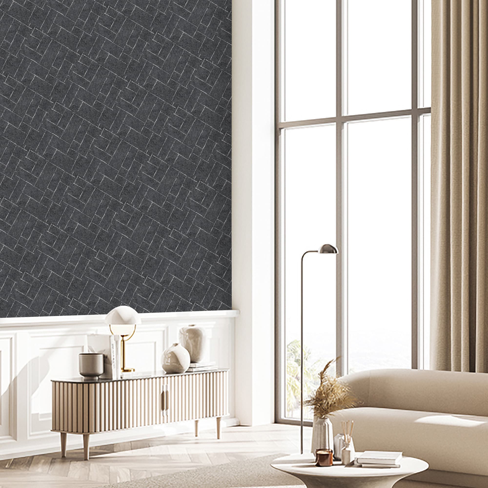Textured Wallpaper Herringbone|Distressed|Plastered|Grunge in Black|Silver