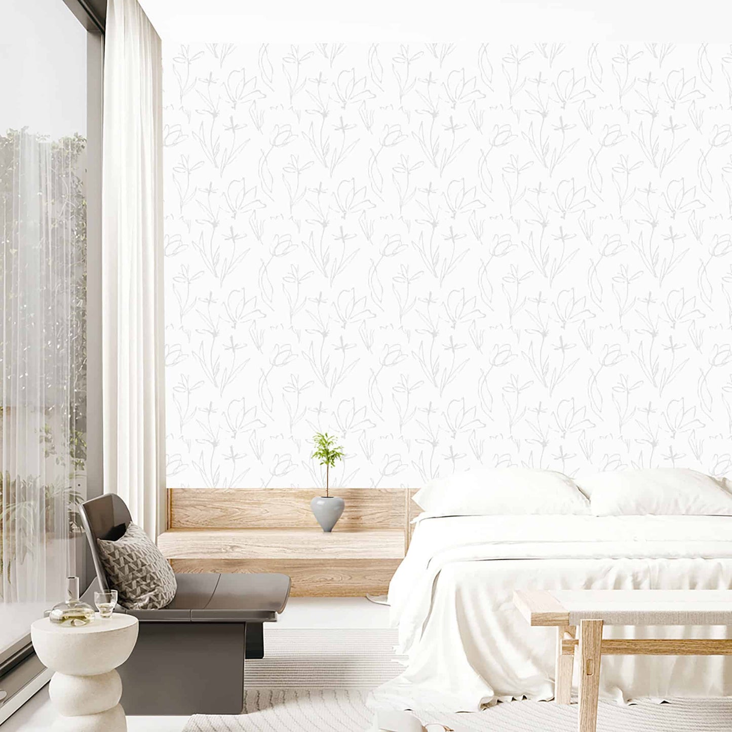 Textured Wallpaper Floral in White|Silver