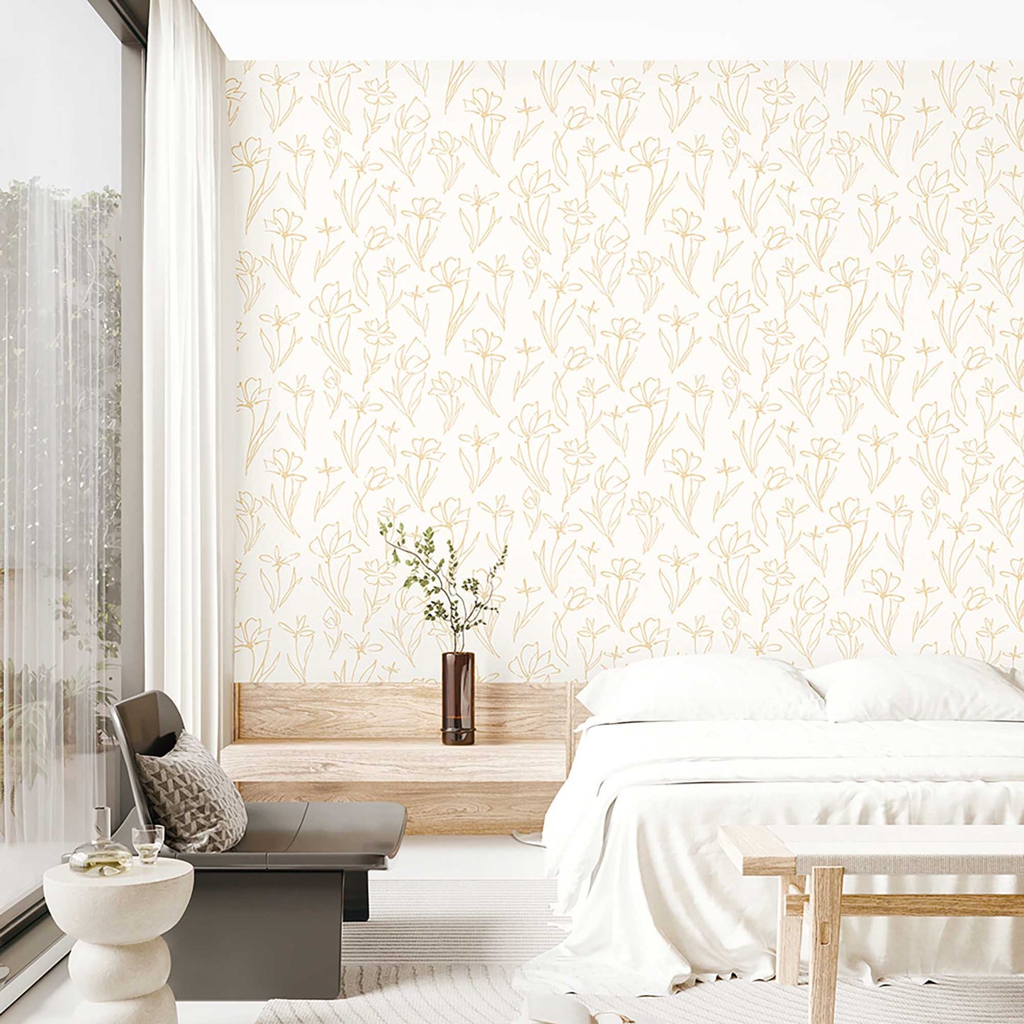 Textured Wallpaper Floral in Cream|Gold
