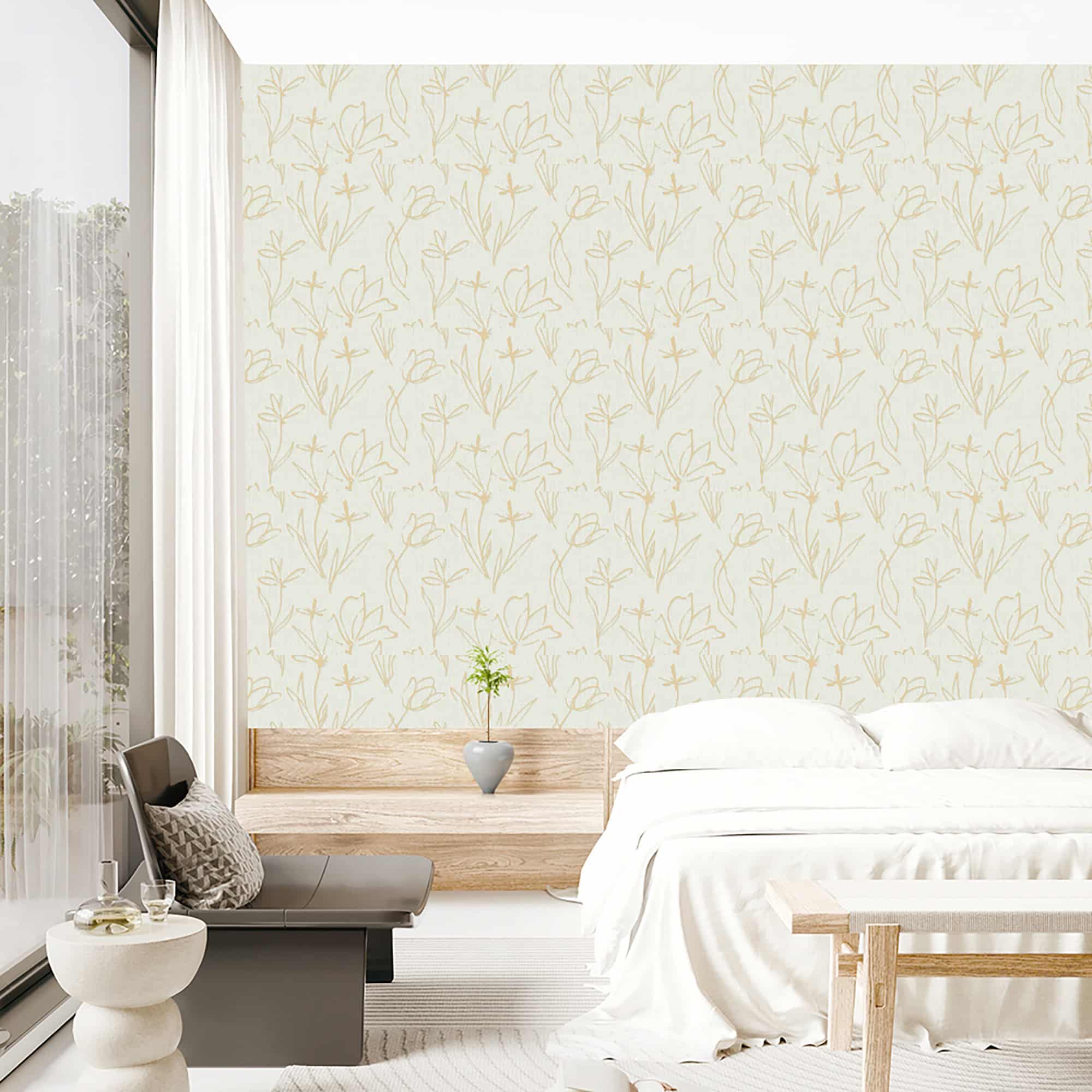 Textured Wallpaper Floral in Light Green|Gold
