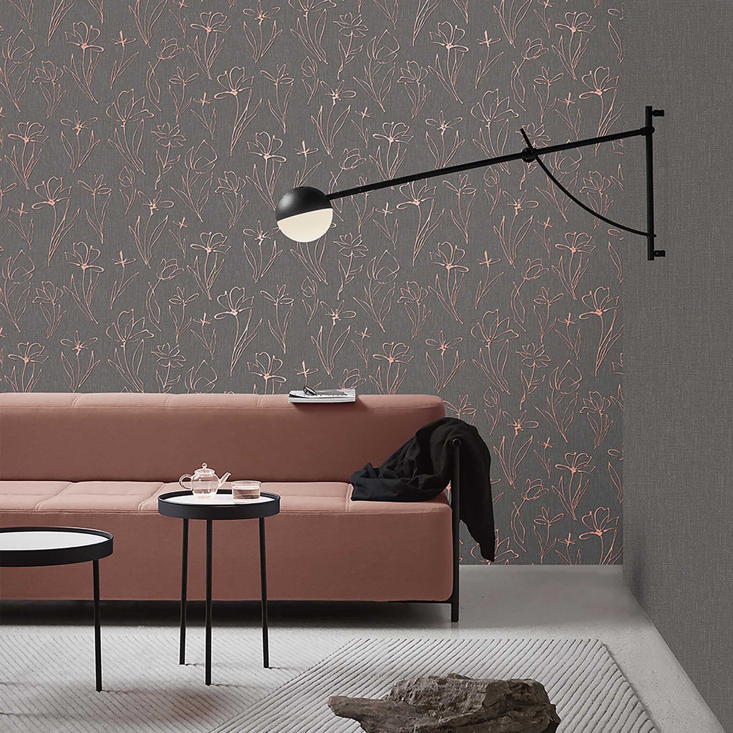 Textured Wallpaper Floral in Black|Rose Gold|Pink