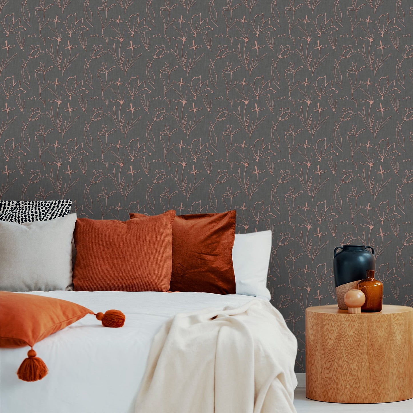 Textured Wallpaper Floral in Black|Rose Gold|Pink