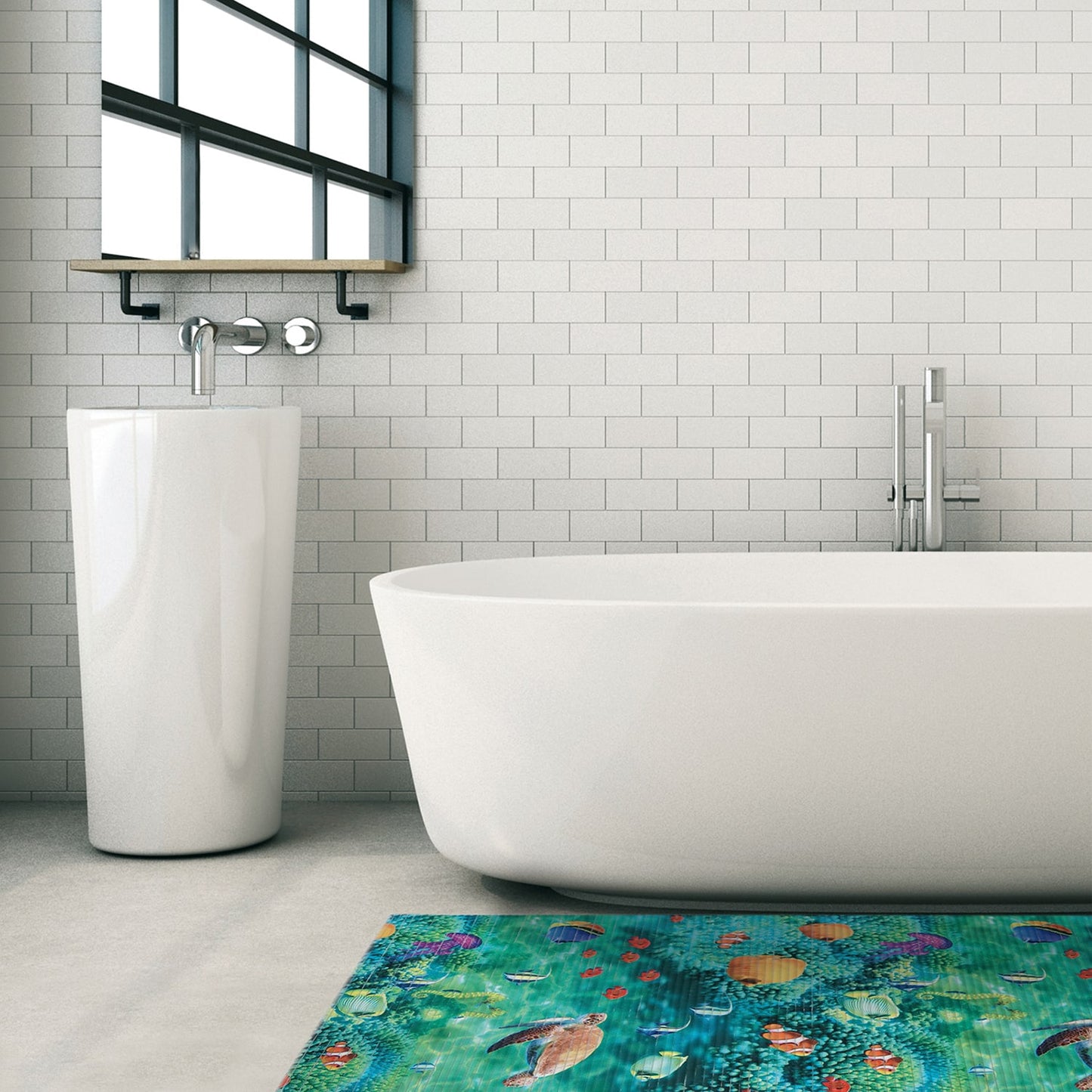 Sea Creatures Bathroom Mat - 39" x 26" Blue Waterproof Non-Slip Quick Dry Rug, Non-Absorbent Dirt Resistant Perfect for Kitchen, Bathroom and Restroom