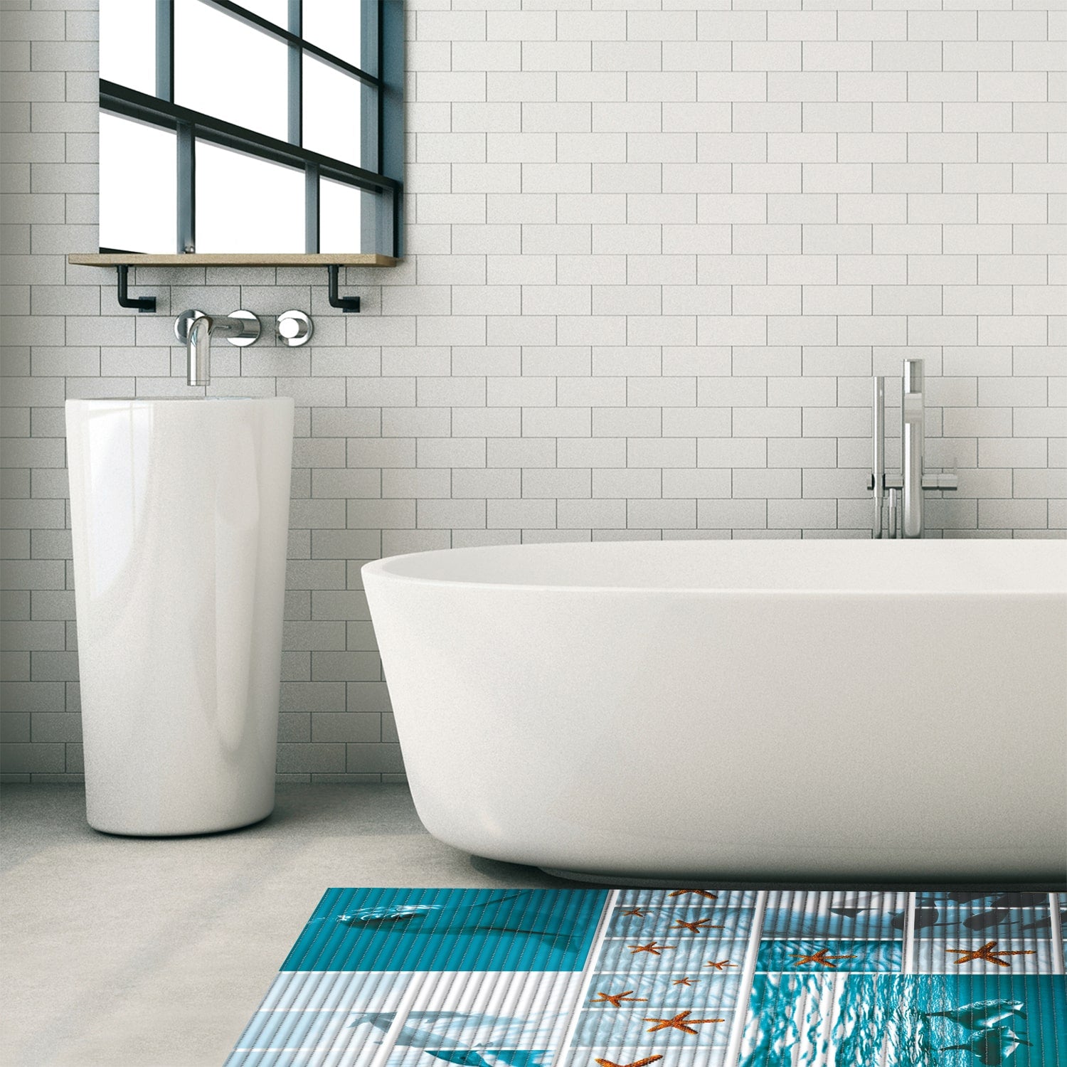 Sea Creatures Bathroom Mat - 39" x 26" Blue Waterproof Non-Slip Quick Dry Rug, Non-Absorbent Dirt Resistant Perfect for Kitchen, Bathroom and Restroom