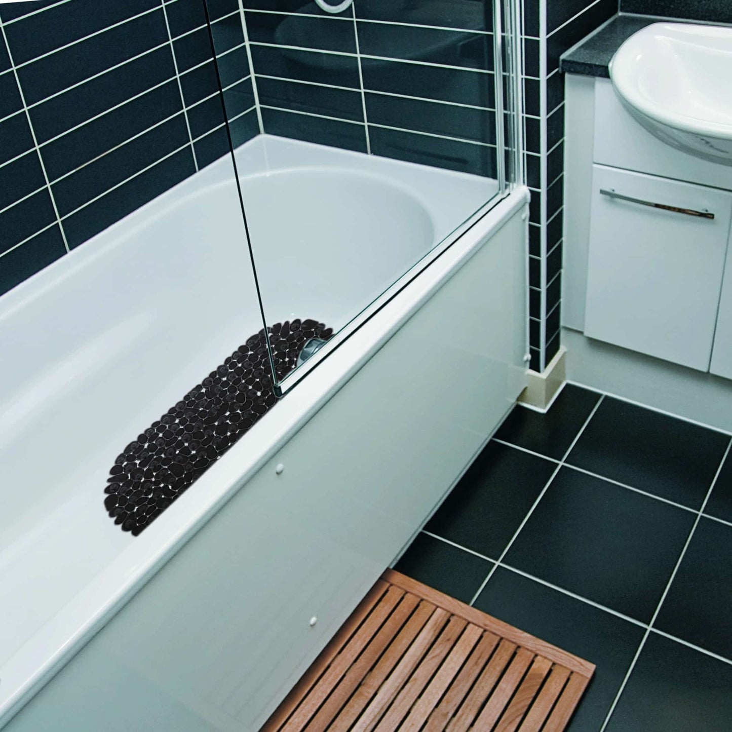 Shower Mat with Suction Cups - 27" x 14", Minimalist Black Waterproof Non-Slip Quick Dry Dirt Resistant Perfect for Bathroom, Bathtub and Shower