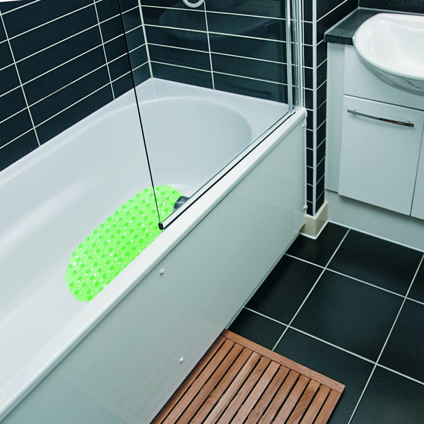 Shower Mat with Suction Cups - 27" x 14", Modern Green Waterproof Non-Slip Quick Dry Dirt Resistant Perfect for Bathroom, Bathtub and Shower