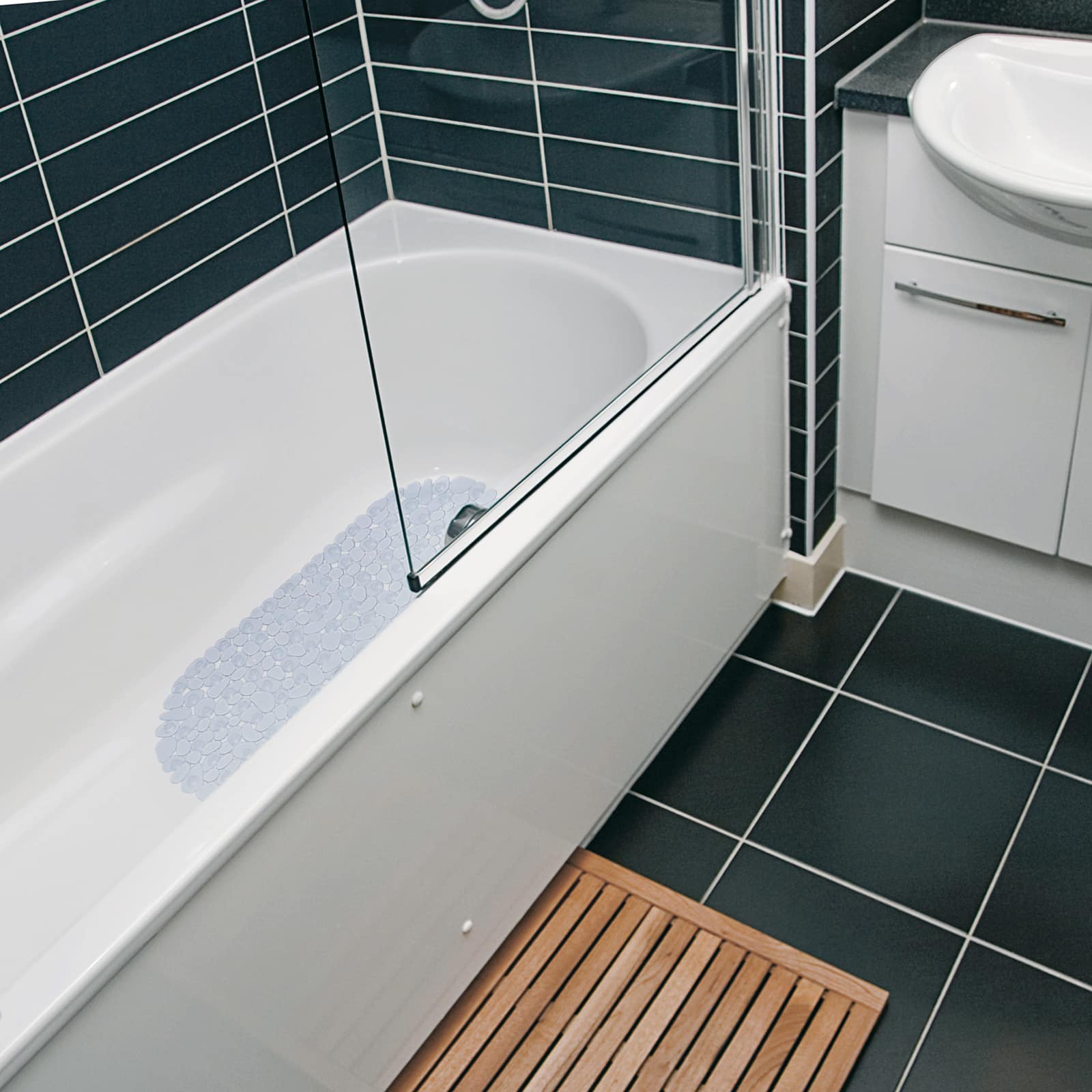 Shower Mat with Suction Cups - 27" x 14", Minimalist Transparent Waterproof Non-Slip Quick Dry Dirt Resistant Perfect for Bathroom, Bathtub and Shower