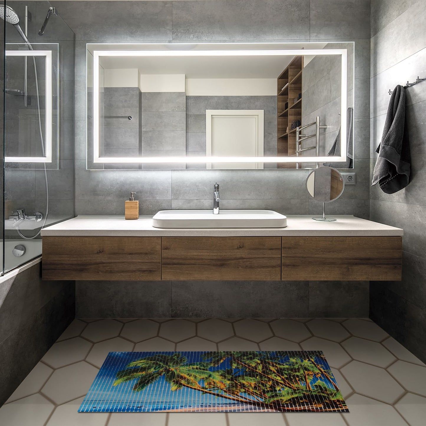 Palm Trees Bathroom Mat - 26" x 19" Blue Green Waterproof Non-Slip Quick Dry Rug, Non-Absorbent Dirt Resistant Perfect for Kitchen, Bathroom, Shower, Restroomand Bathtub