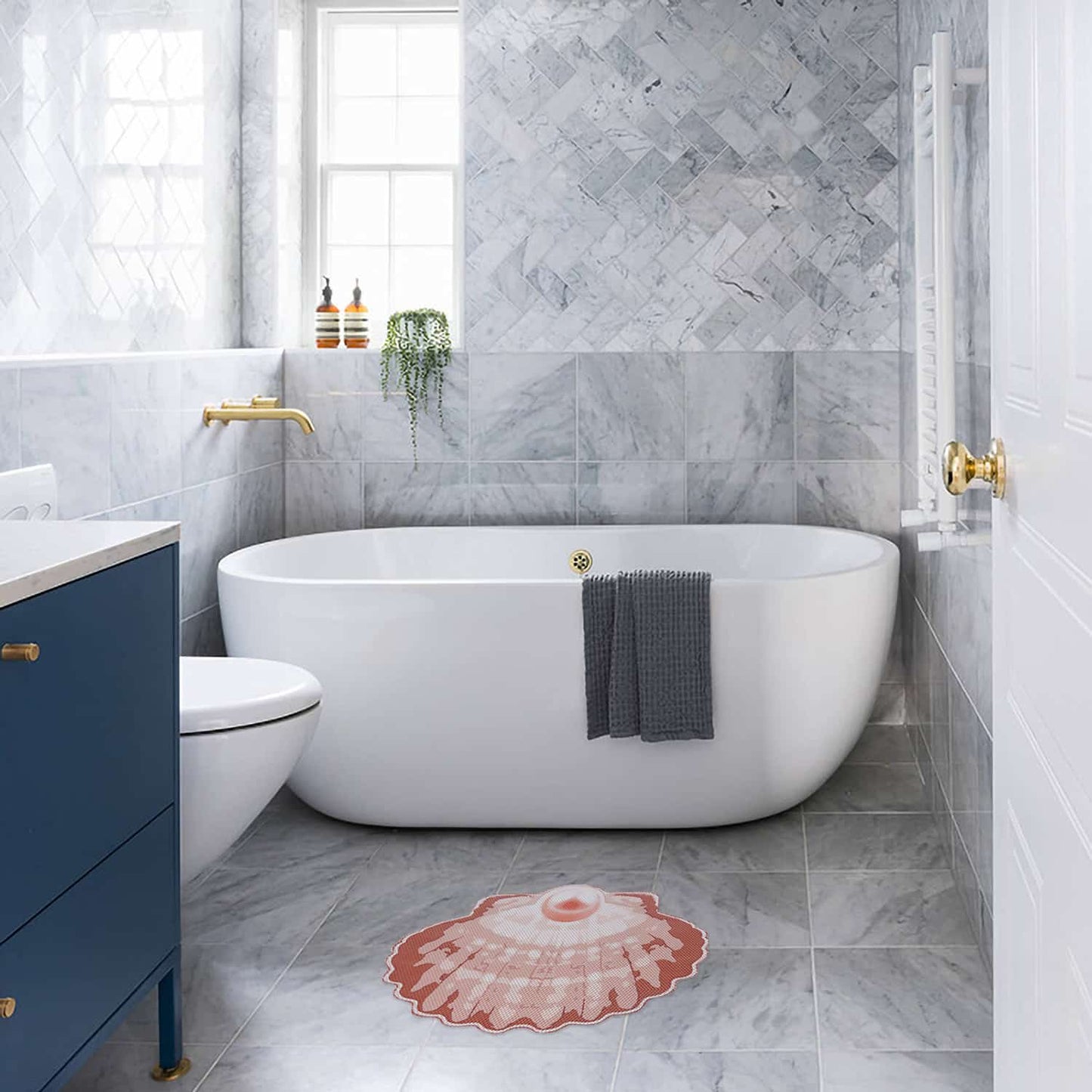 Sea Shell Bathroom Mat - 26" x 19" Beige Waterproof Non-Slip Quick Dry Rug, Non-Absorbent Dirt Resistant Perfect for Kitchen, Bathroom and Restroom