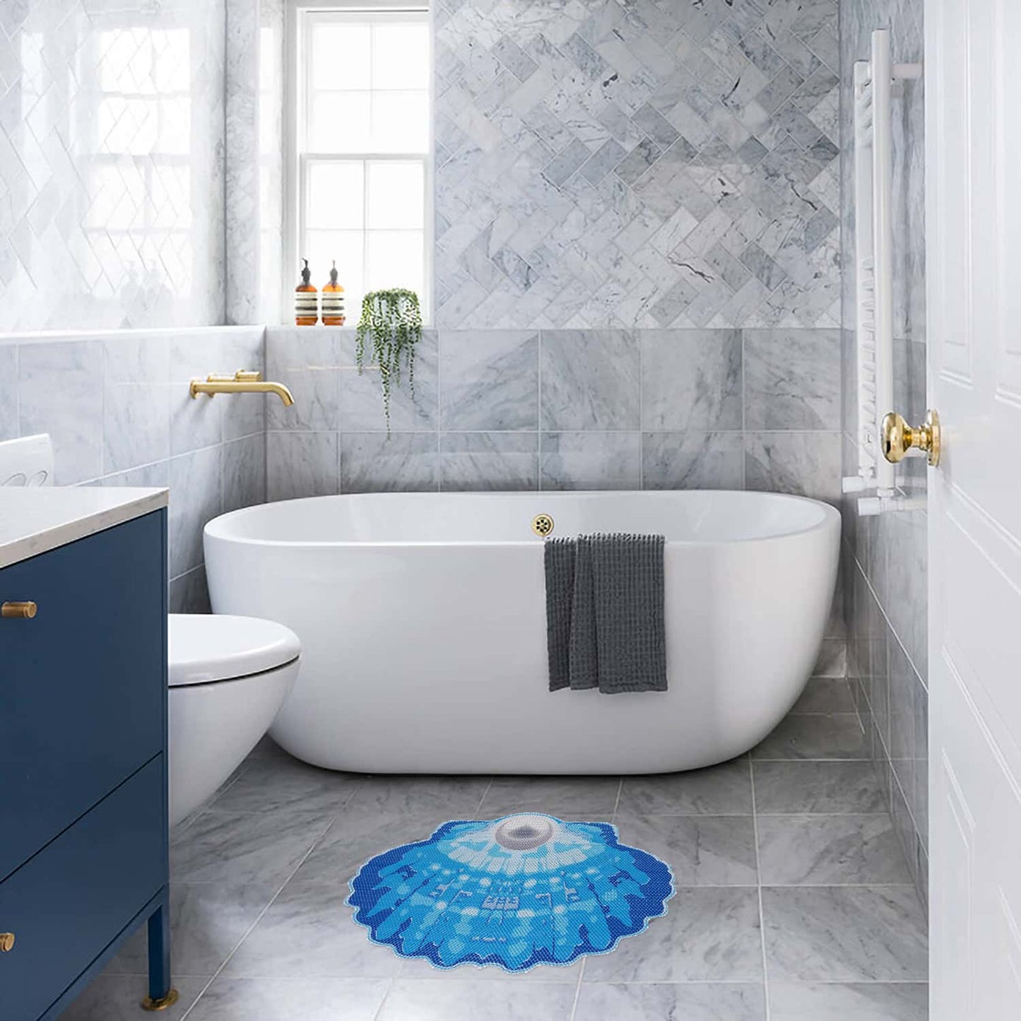 Sea Shell Bathroom Mat - 26" x 19" Light Blue Waterproof Non-Slip Quick Dry Rug, Non-Absorbent Dirt Resistant Perfect for Kitchen, Bathroom and Restroom