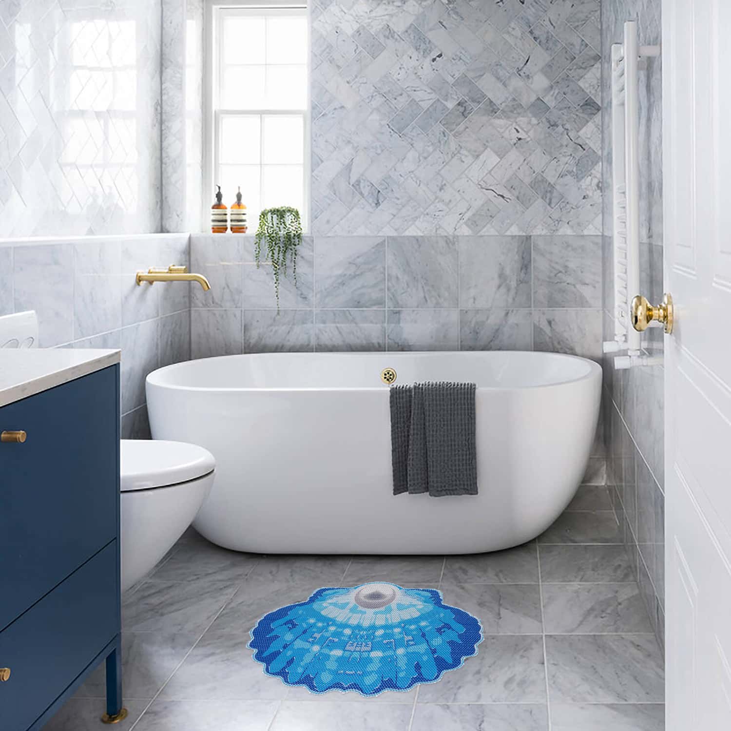 Sea Shell Bathroom Mat - 26" x 19" Light Blue Waterproof Non-Slip Quick Dry Rug, Non-Absorbent Dirt Resistant Perfect for Kitchen, Bathroom and Restroom