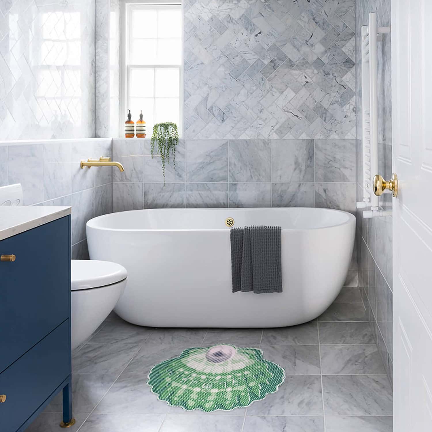 Sea Shell Bathroom Mat - 26" x 19" Green Waterproof Non-Slip Quick Dry Rug, Non-Absorbent Dirt Resistant Perfect for Kitchen, Bathroom and Restroom