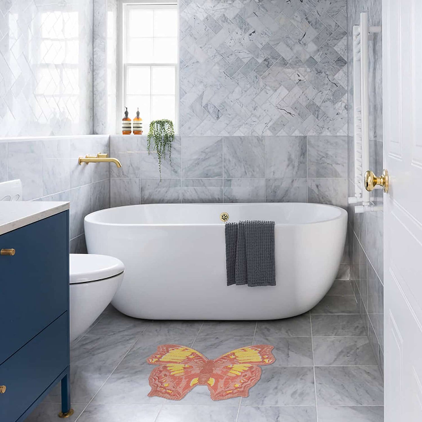 Butterfly Bathroom Mat - 26" x 19" Orange Waterproof Non-Slip Quick Dry Rug, Non-Absorbent Dirt Resistant Perfect for Kitchen, Bathroom and Restroom