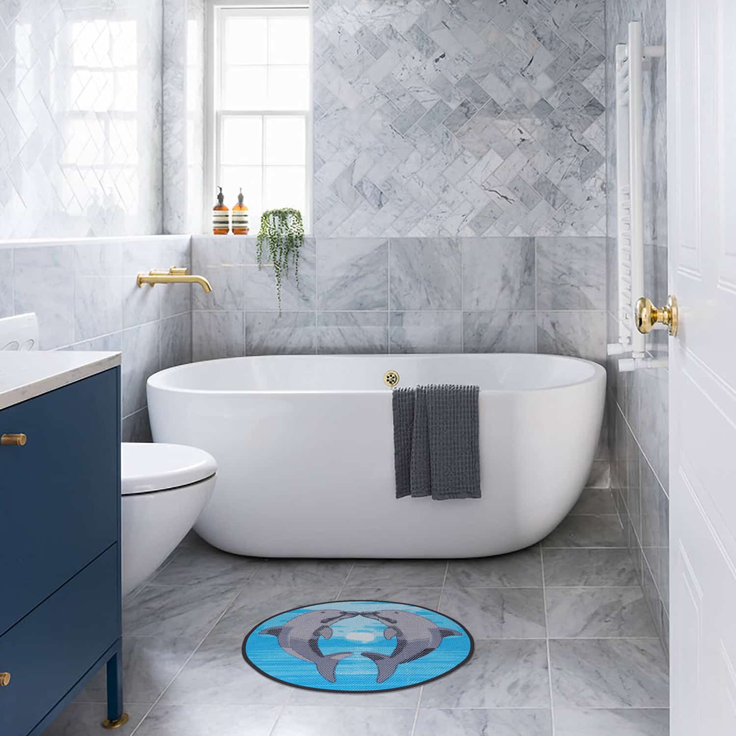 Dolphin Bathroom Mat - 26" x 19" Light Blue Waterproof Non-Slip Quick Dry Rug, Non-Absorbent Dirt Resistant Perfect for Kitchen, Bathroom and Restroom