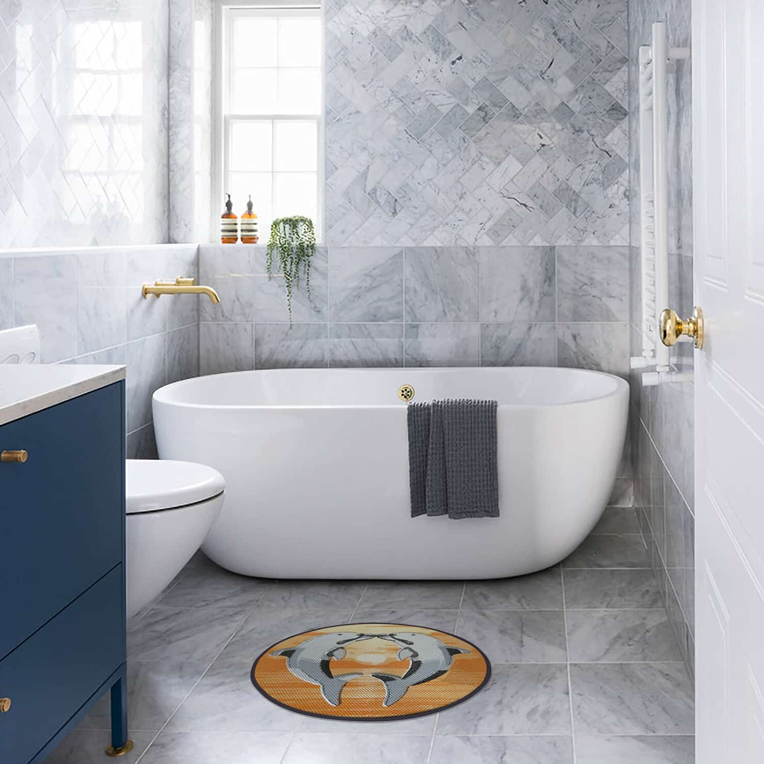 Dolphin Bathroom Mat - 26" x 19" Orange Waterproof Non-Slip Quick Dry Rug, Non-Absorbent Dirt Resistant Perfect for Kitchen, Bathroom and Restroom