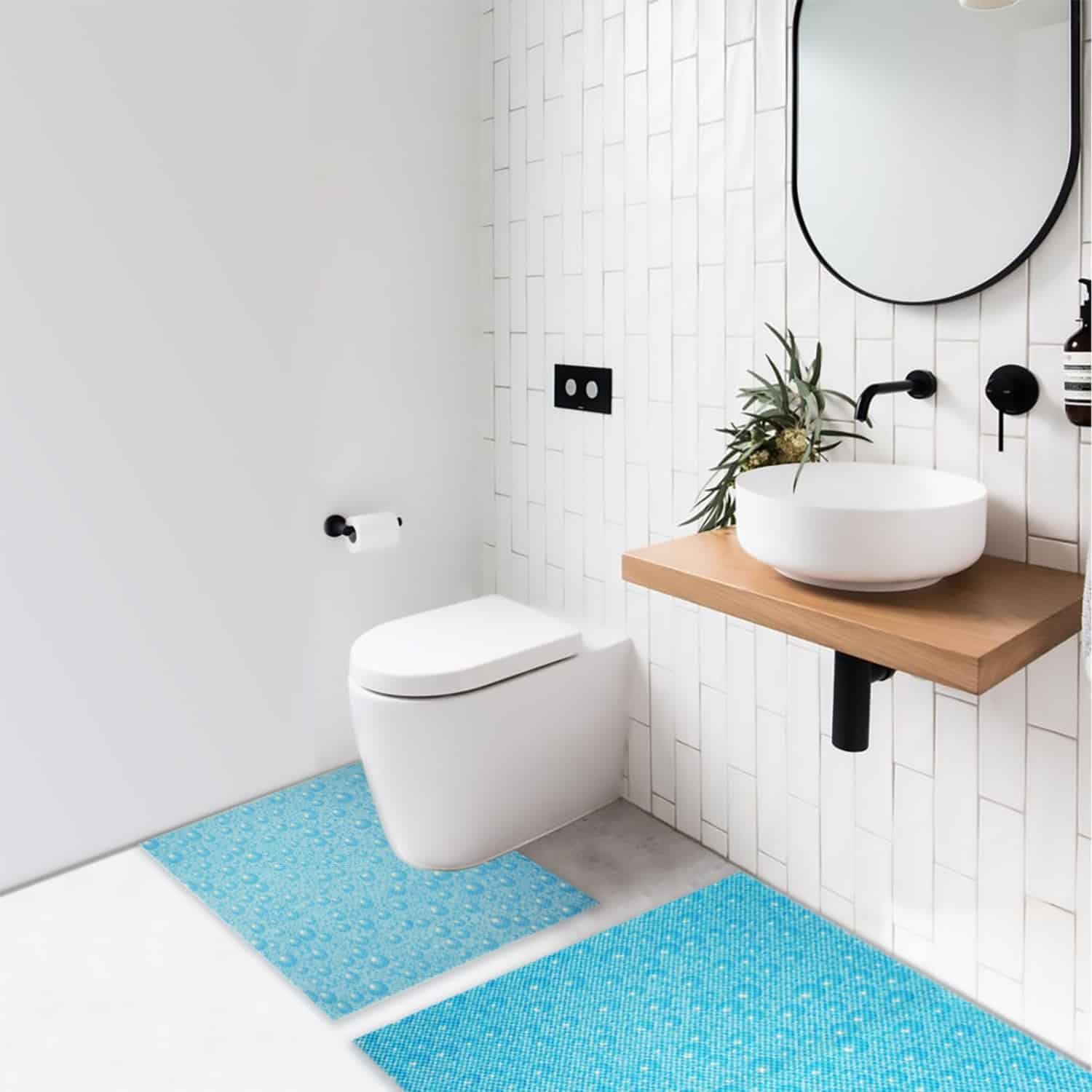 Bubbles Bathroom Mat Set (2 pcs) - 33" x 20" and 20.5" x 19.7" Waterproof Non-Slip Quick Dry Rug, Non-Absorbent Dirt Resistant Perfect for Bathroom and Restroom