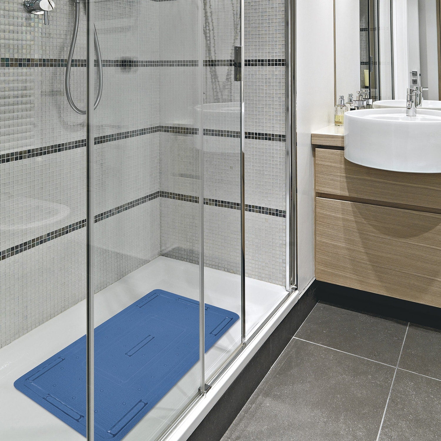 Shower Mat with Suction Cups - 28" x 15", Classic Blue Waterproof Non-Slip Quick Dry Dirt Resistant Perfect for Bathroom, Bathtub and Shower