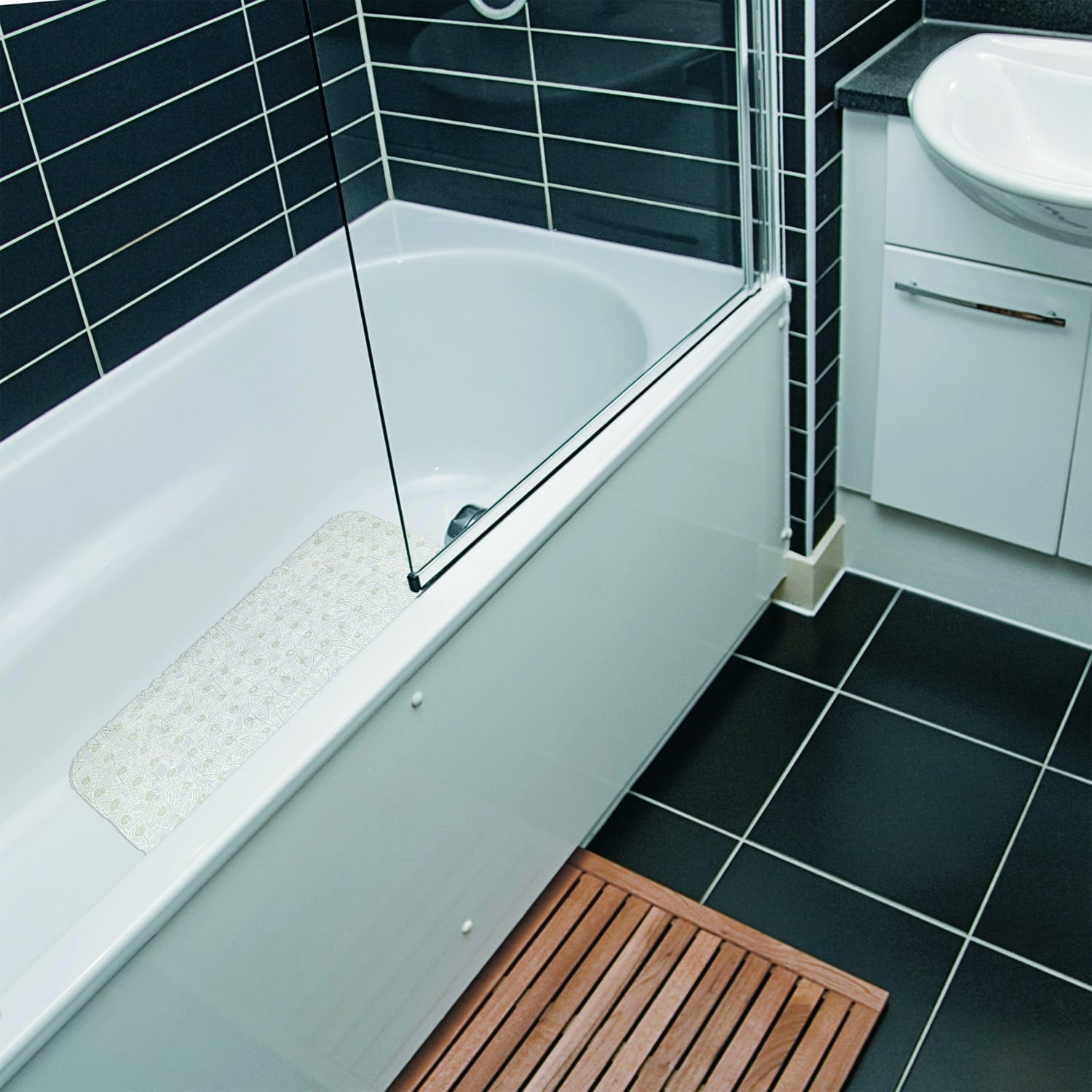 Shower Mat with Suction Cups - 28" x 14", Minimalist Transparent Waterproof Non-Slip Quick Dry Dirt Resistant Perfect for Bathroom, Bathtub and Shower