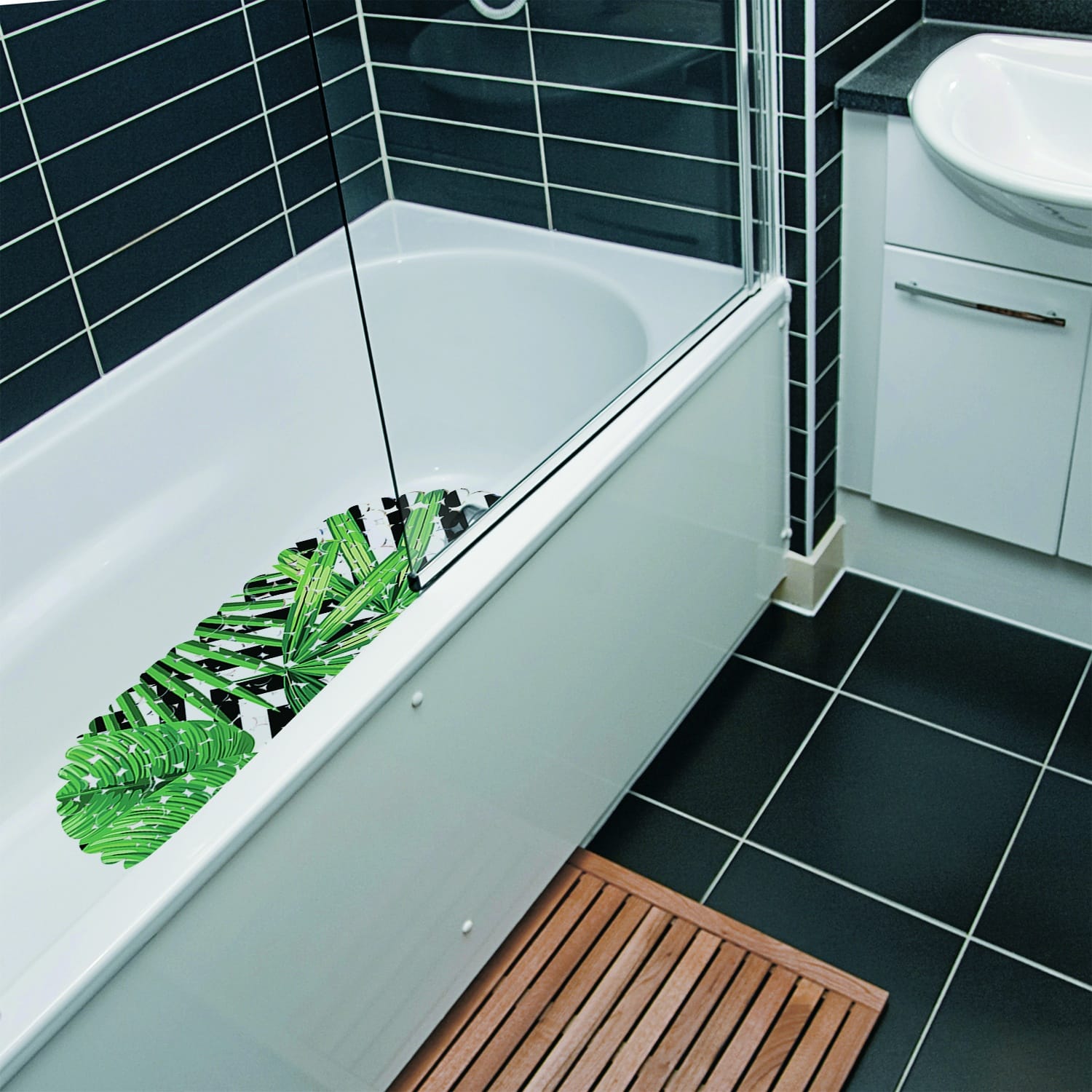 Geometric Bathtub and Shower Mat - 27" x 14" Green Waterproof Non-Slip Quick Dry Rug, Non-Absorbent Dirt Resistant Perfect for Bathroom, Shower, Restroom and Bathtub