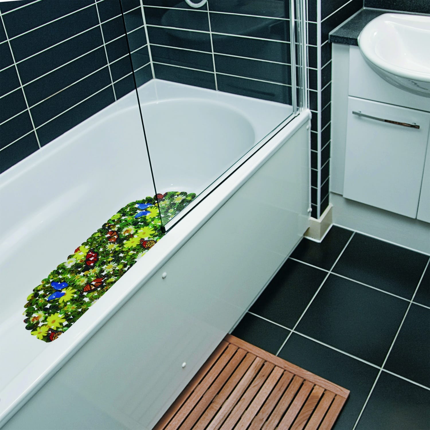 Floral Bathtub and Shower Mat - 27" x 14" Green Waterproof Non-Slip Quick Dry Rug, Non-Absorbent Dirt Resistant Perfect for Bathroom, Shower, Restroom and Bathtub