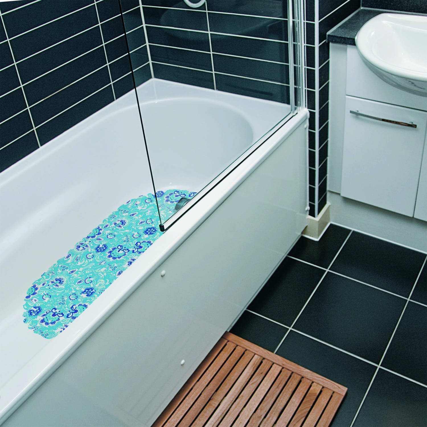 Floral Bathtub and Shower Mat - 27" x 14" Light Blue Waterproof Non-Slip Quick Dry Rug, Non-Absorbent Dirt Resistant Perfect for Bathroom, Shower, Restroom and Bathtub