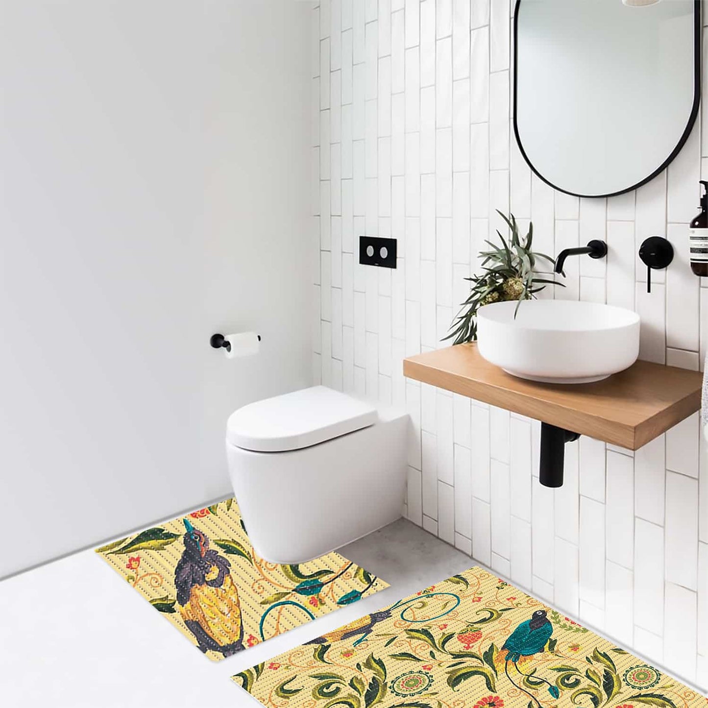 Birds Bathroom Mat Set (2 pcs) - 31" x 20" and 19.7" x 19.7" Waterproof Non-Slip Quick Dry Rug, Non-Absorbent Dirt Resistant Perfect for Bathroom and Restroom