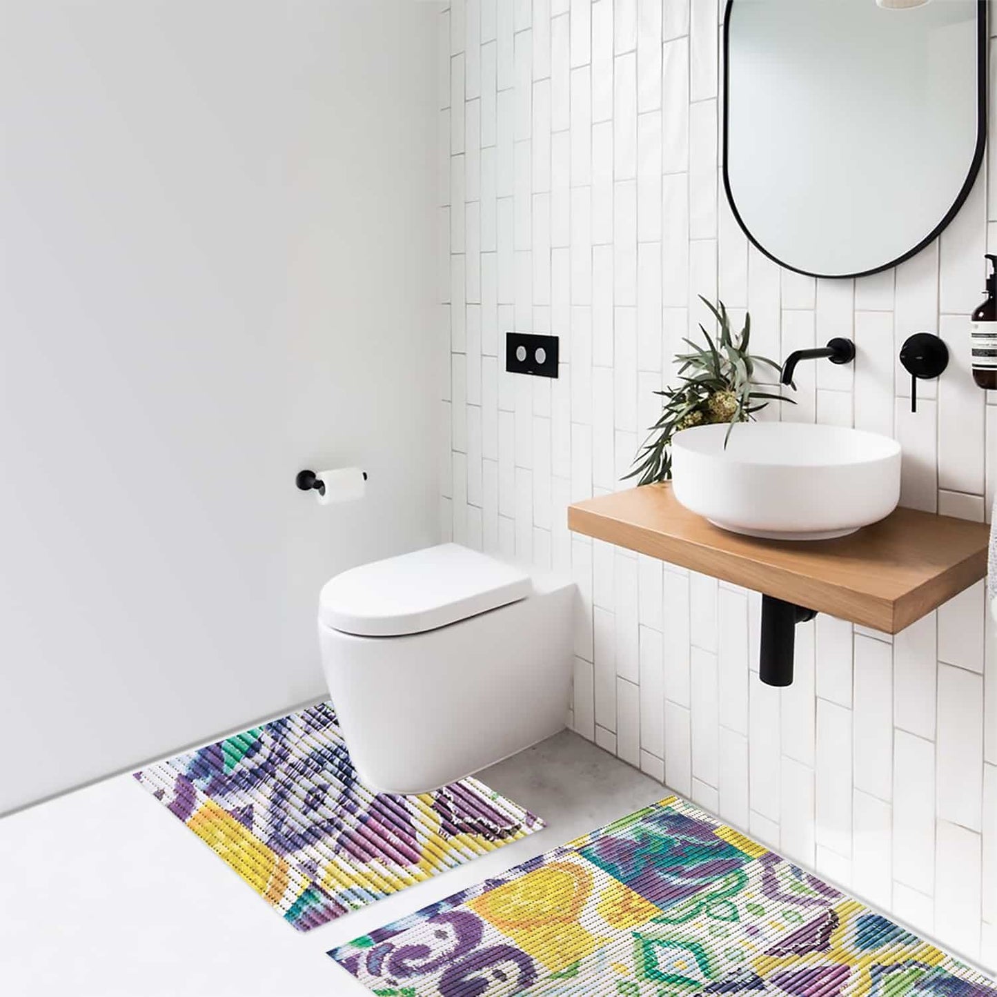 Patchwork Bathroom Mat Set (2 pcs) - 31" x 20" and 19.7" x 19.7" Waterproof Non-Slip Quick Dry Rug, Non-Absorbent Dirt Resistant Perfect for Bathroom and Restroom