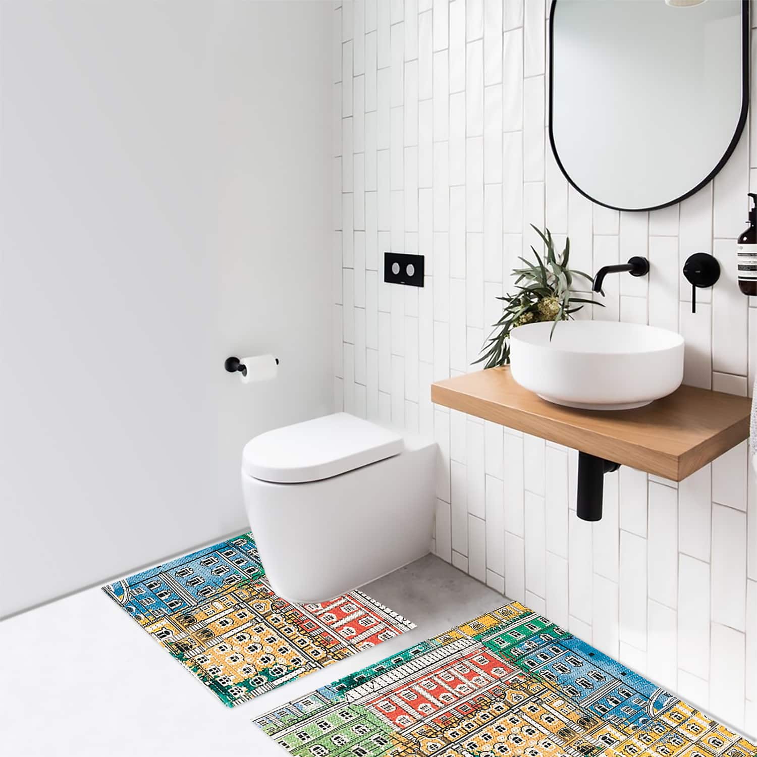Buildings Bathroom Mat Set (2 pcs) - 31" x 20" and 19.7" x 19.7" Waterproof Non-Slip Quick Dry Rug, Non-Absorbent Dirt Resistant Perfect for Bathroom and Restroom