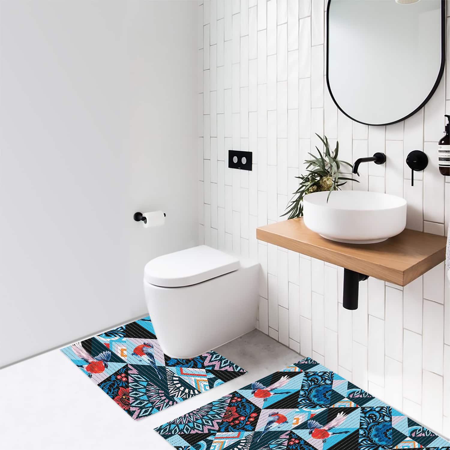 Patchwork Bathroom Mat Set (2 pcs) - 31" x 20" and 19.7" x 19.7" Waterproof Non-Slip Quick Dry Rug, Non-Absorbent Dirt Resistant Perfect for Bathroom and Restroom