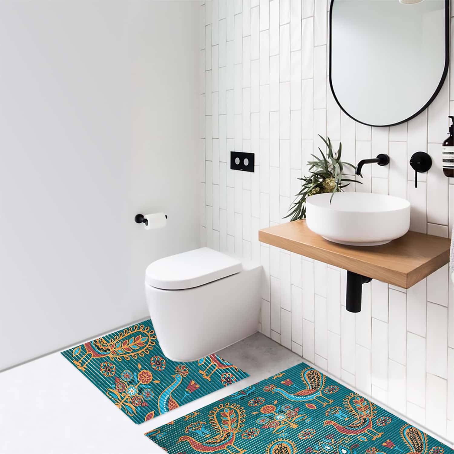 Birds Bathroom Mat Set (2 pcs) - 31" x 20" and 19.7" x 19.7" Waterproof Non-Slip Quick Dry Rug, Non-Absorbent Dirt Resistant Perfect for Bathroom and Restroom