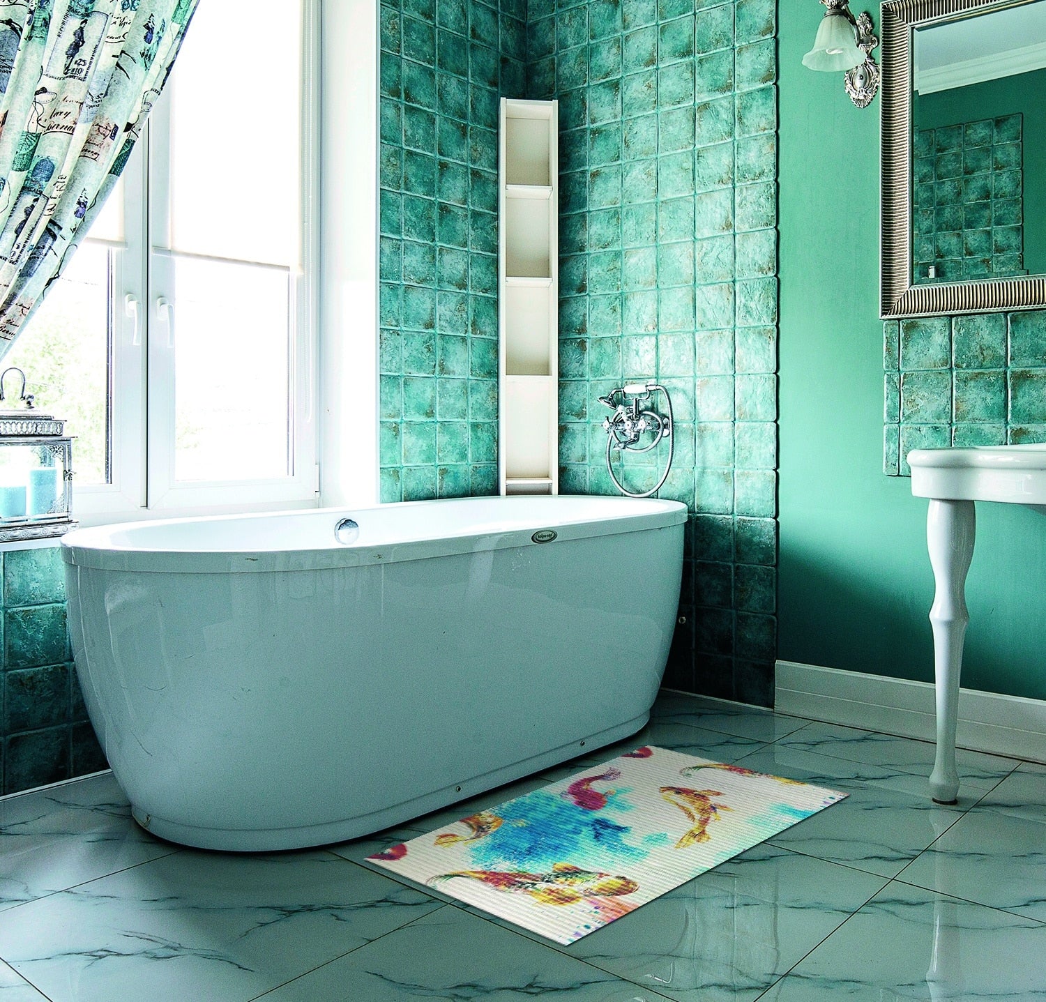 Koi Fish Bathroom Mat - 31" x 26" White Waterproof Non-Slip Quick Dry Rug, Non-Absorbent Dirt Resistant Perfect for Kitchen, Bathroom and Restroom