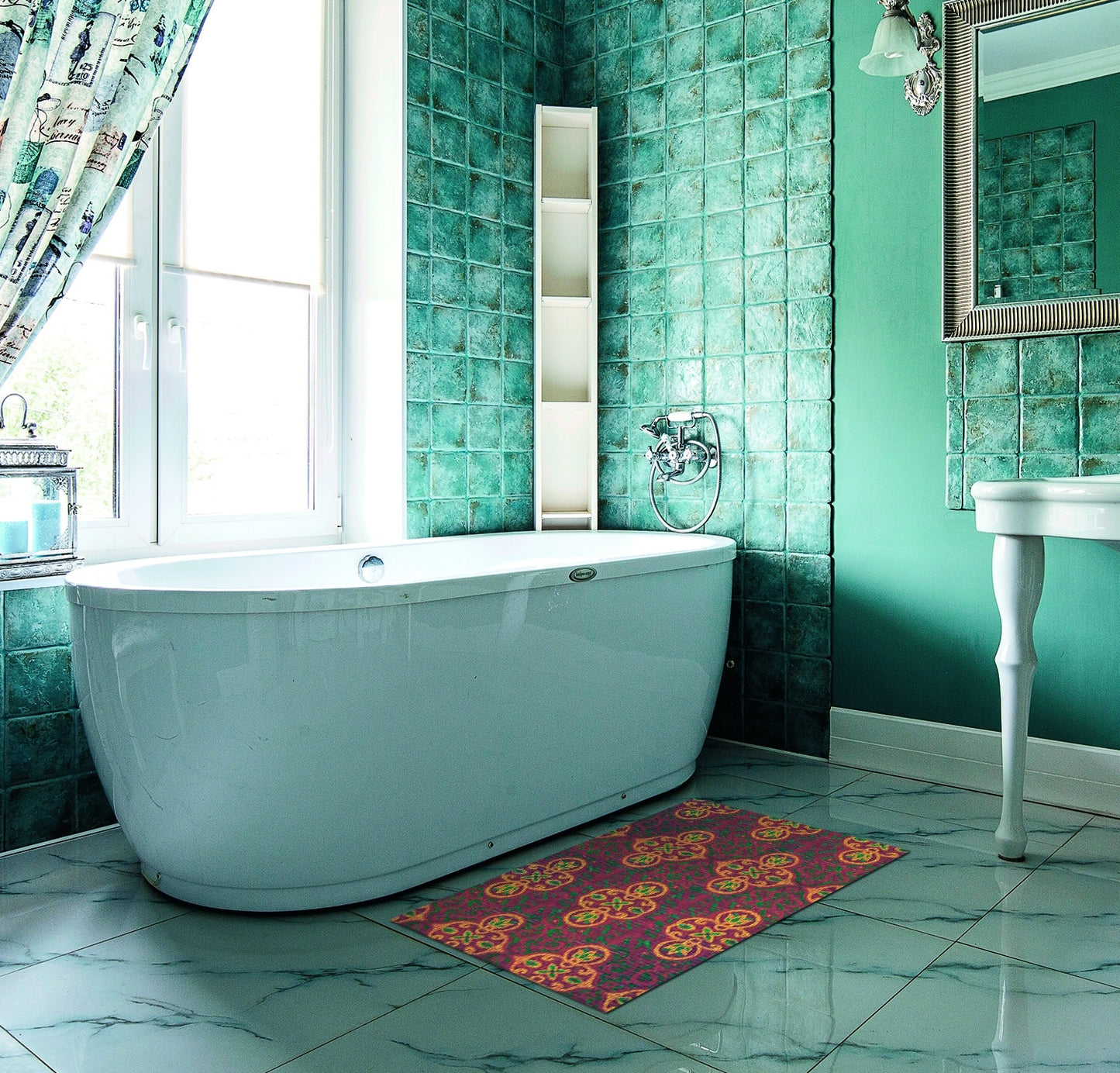 Damask Bathroom Mat - 31" x 26" Red Waterproof Non-Slip Quick Dry Rug, Non-Absorbent Dirt Resistant Perfect for Kitchen, Bathroom and Restroom