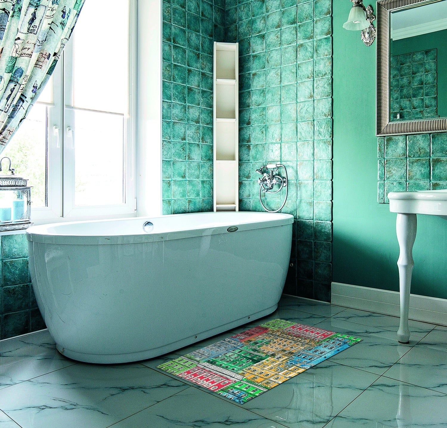 Buildings Bathroom Mat - 31" x 26" Multicolored Waterproof Non-Slip Quick Dry Rug, Non-Absorbent Dirt Resistant Perfect for Kitchen, Bathroom and Restroom