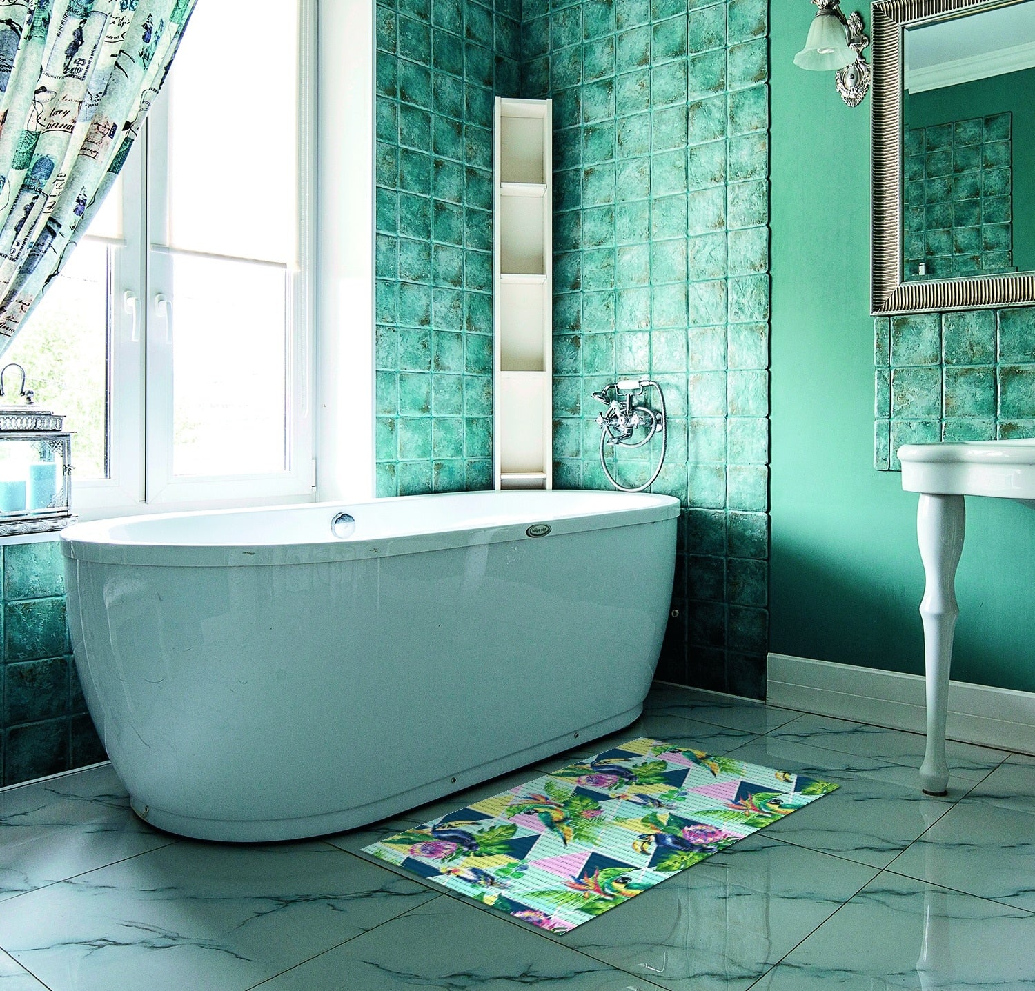 Birds Bathroom Mat - 31" x 26" Light Blue Waterproof Non-Slip Quick Dry Rug, Non-Absorbent Dirt Resistant Perfect for Kitchen, Bathroom and Restroom