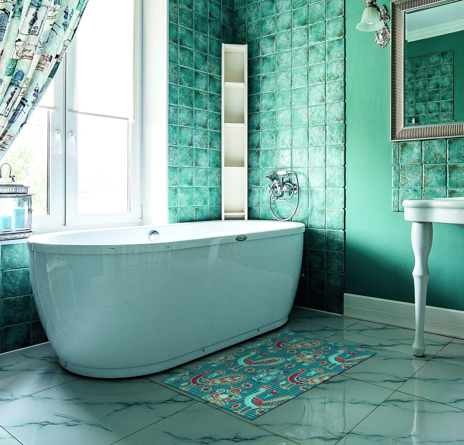 Birds Bathroom Mat - 31" x 26" Blue Waterproof Non-Slip Quick Dry Rug, Non-Absorbent Dirt Resistant Perfect for Kitchen, Bathroom and Restroom