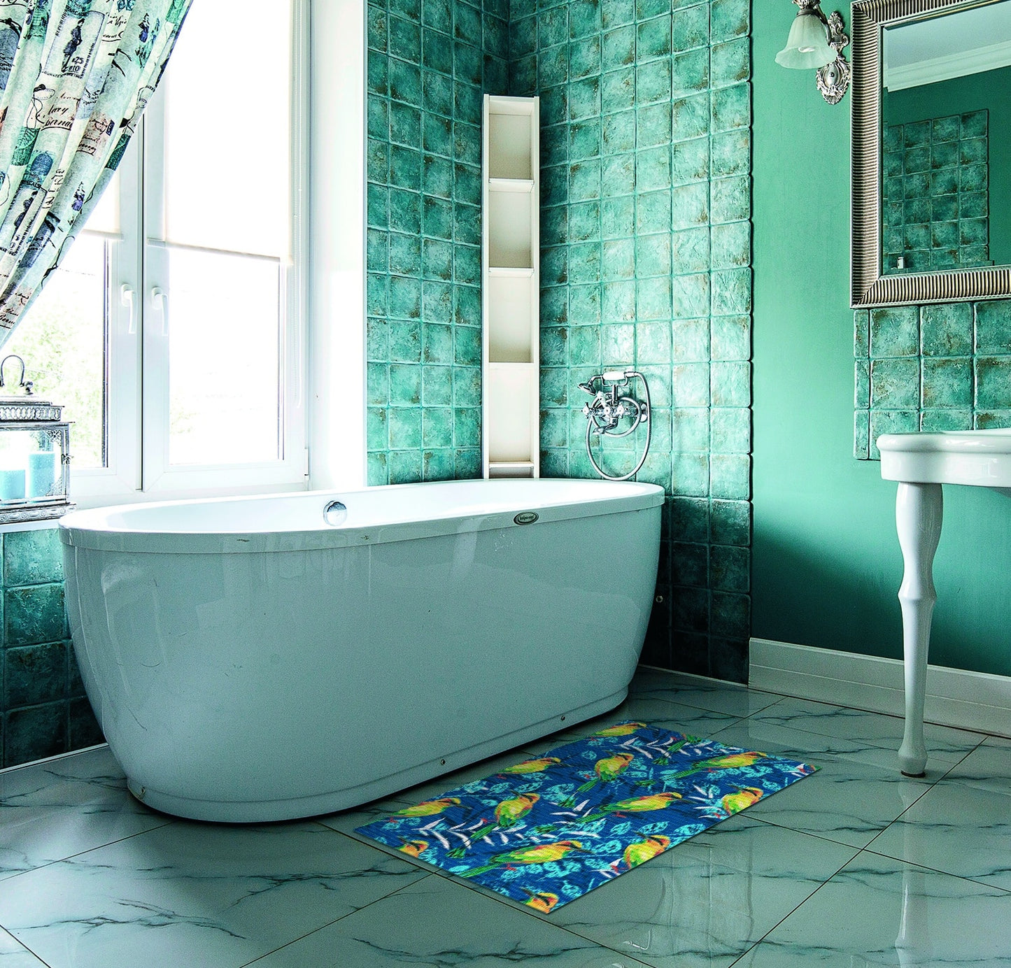 Birds Bathroom Mat - 31" x 26" Blue Waterproof Non-Slip Quick Dry Rug, Non-Absorbent Dirt Resistant Perfect for Kitchen, Bathroom and Restroom