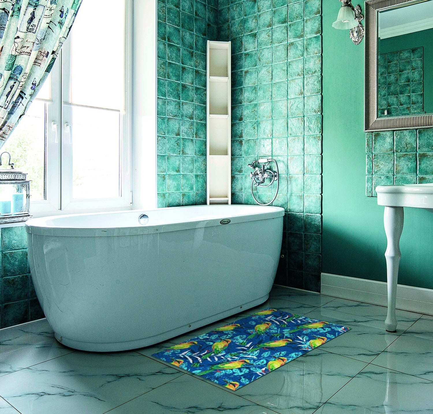 Birds Bathroom Mat - 31" x 26" Blue Waterproof Non-Slip Quick Dry Rug, Non-Absorbent Dirt Resistant Perfect for Kitchen, Bathroom and Restroom