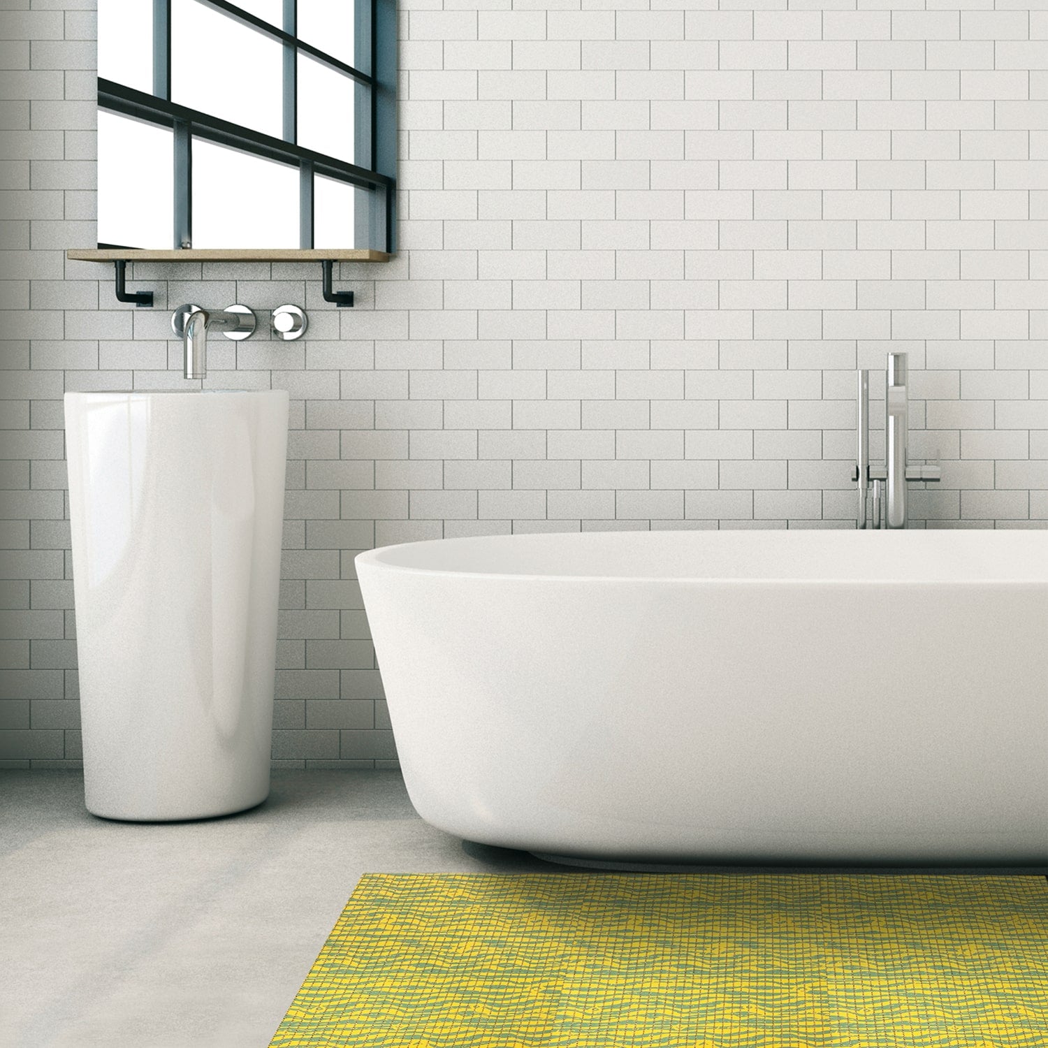 Waves Bathroom Mat - 35" x 26" Yellow Waterproof Non-Slip Quick Dry Rug, Non-Absorbent Dirt Resistant Perfect for Kitchen, Bathroom and Restroom