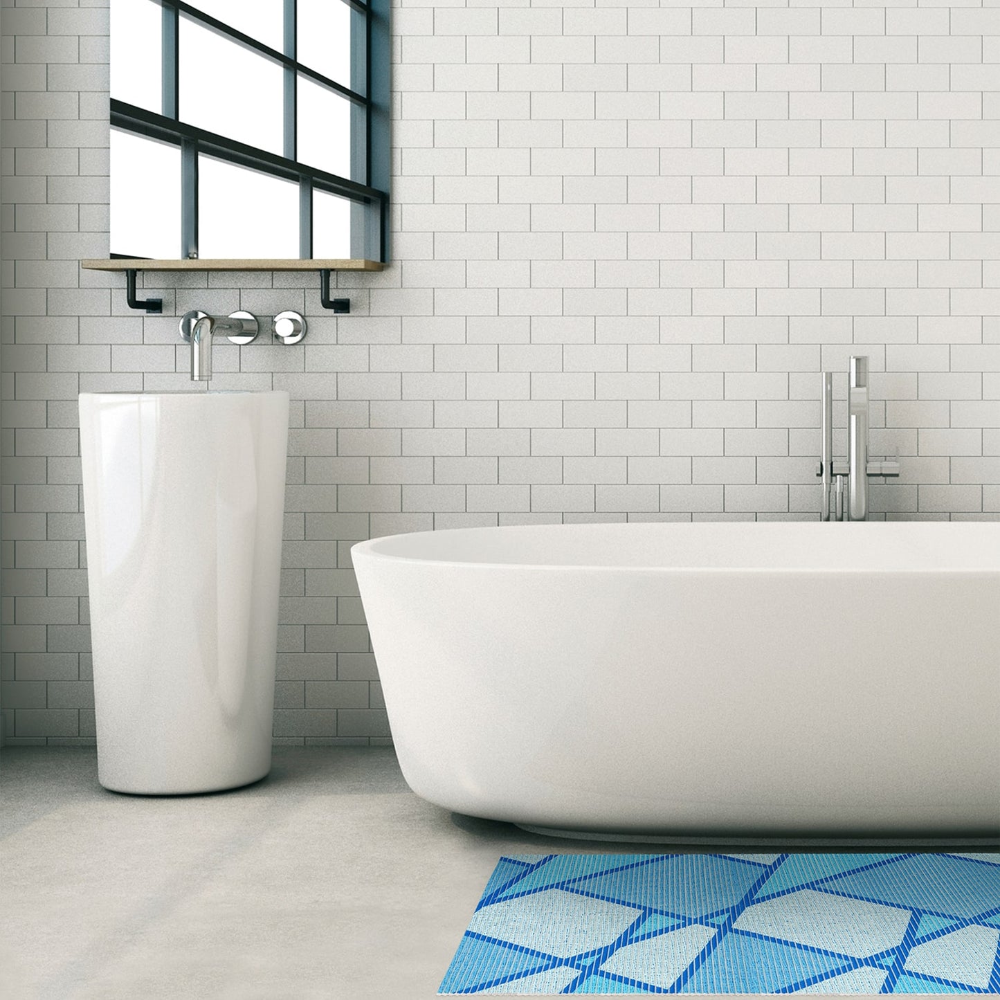 Geometric Bathroom Mat - 35" x 26" Blue Waterproof Non-Slip Quick Dry Rug, Non-Absorbent Dirt Resistant Perfect for Kitchen, Bathroom and Restroom