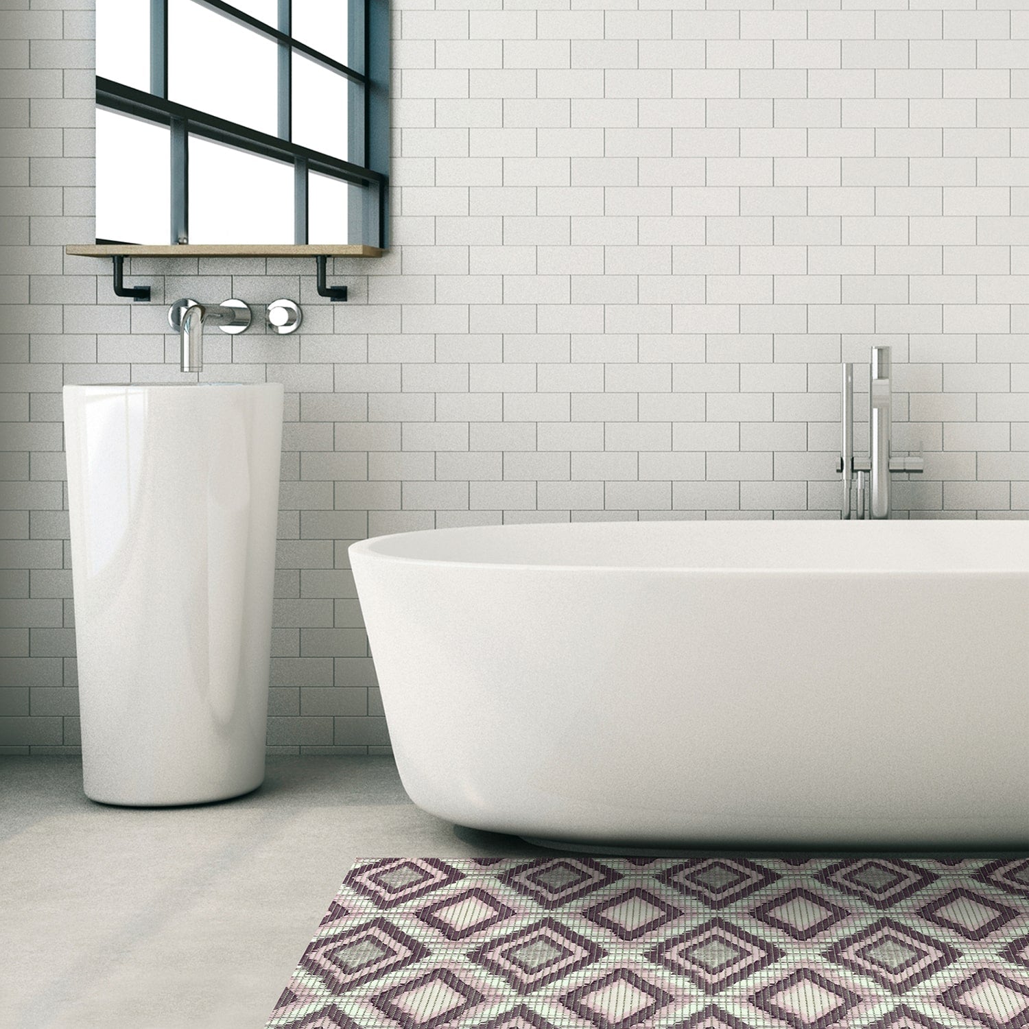 Geometric Bathroom Mat - 35" x 26" Pink Waterproof Non-Slip Quick Dry Rug, Non-Absorbent Dirt Resistant Perfect for Kitchen, Bathroom and Restroom