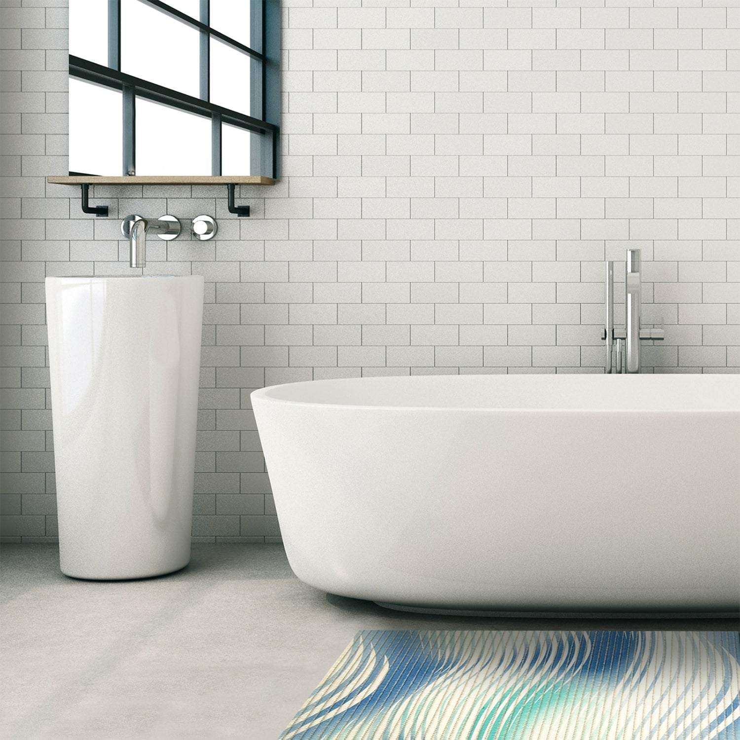 Waves Bathroom Mat - 35" x 26" Blue Waterproof Non-Slip Quick Dry Rug, Non-Absorbent Dirt Resistant Perfect for Kitchen, Bathroom and Restroom