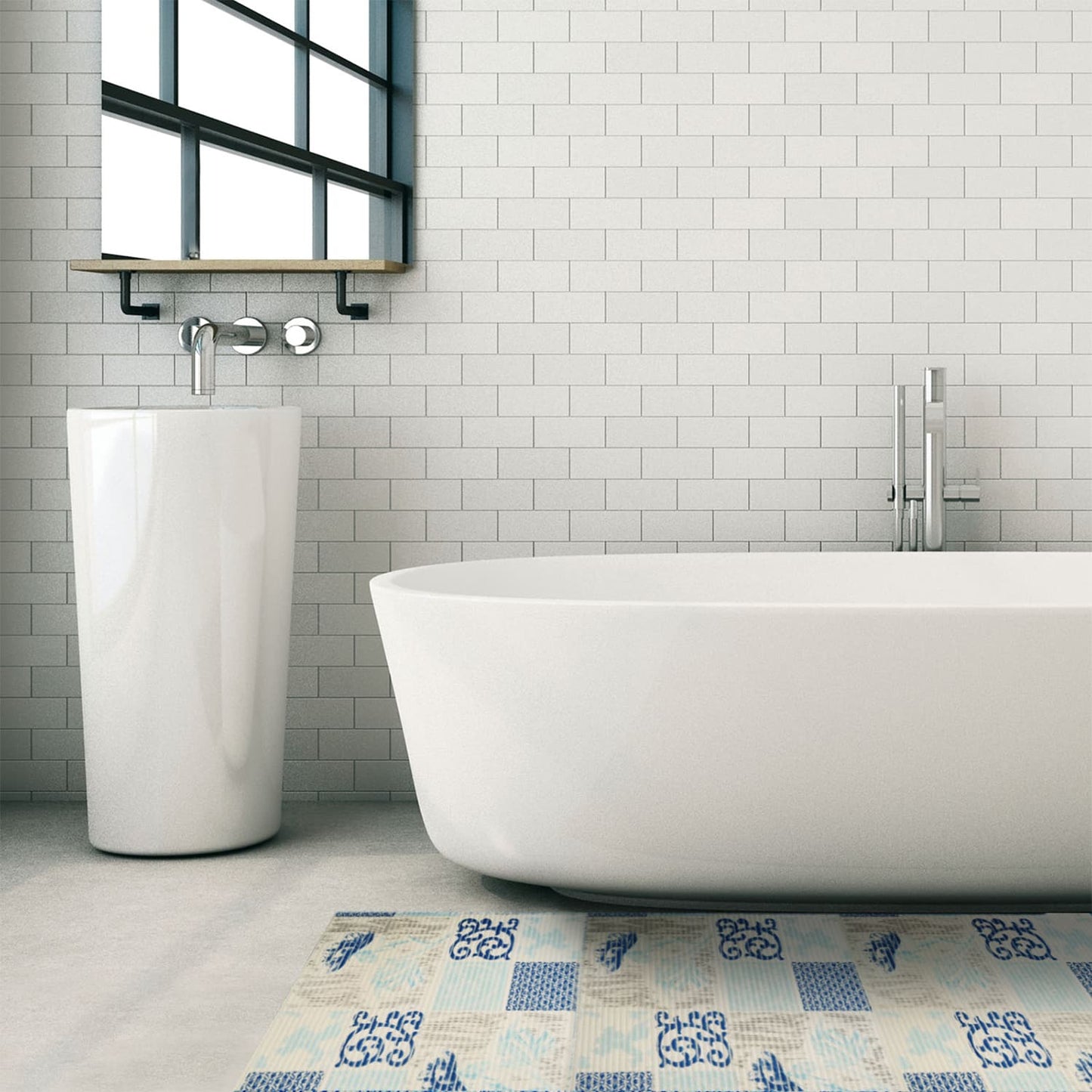 Floral Bathroom Mat - 35" x 26" Light Blue Waterproof Non-Slip Quick Dry Rug, Non-Absorbent Dirt Resistant Perfect for Kitchen, Bathroom and Restroom