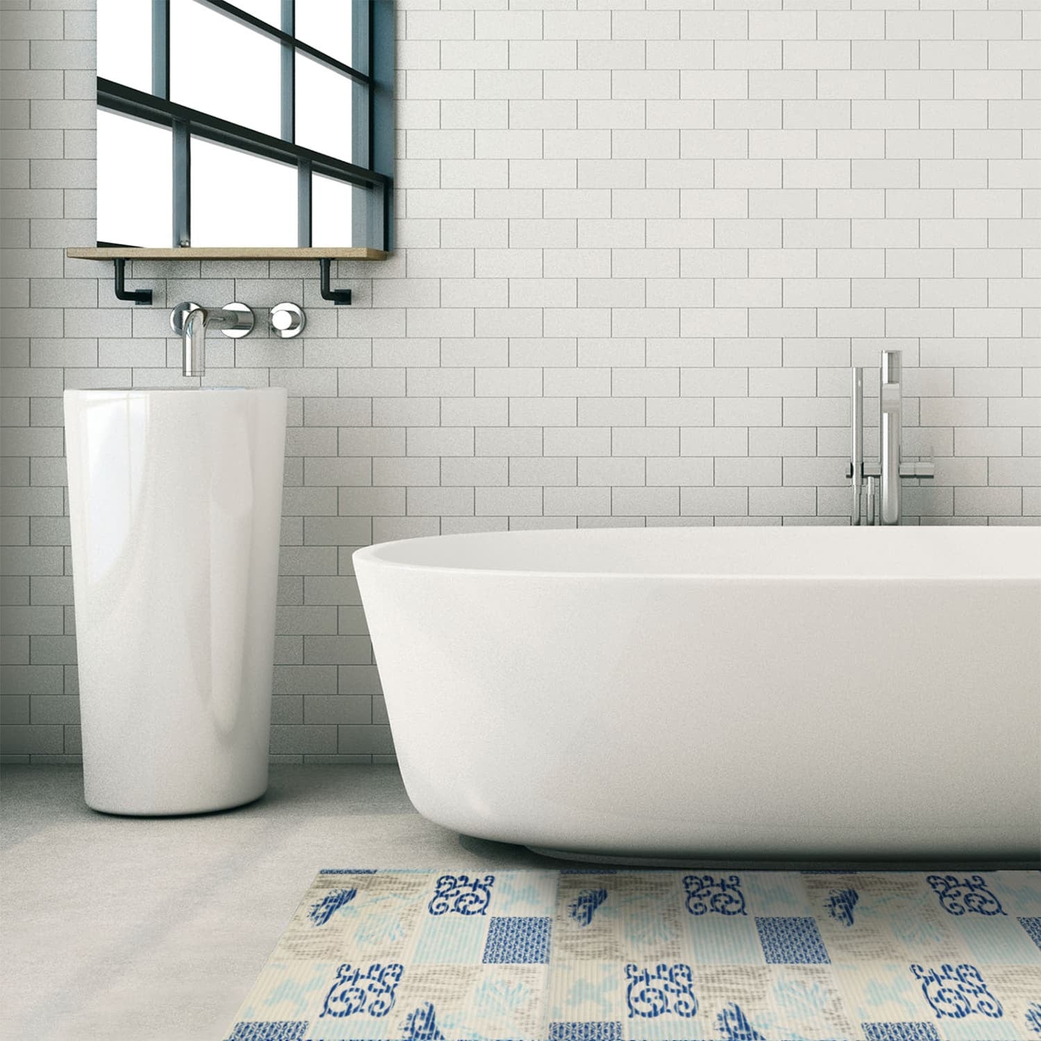 Floral Bathroom Mat - 35" x 26" Light Blue Waterproof Non-Slip Quick Dry Rug, Non-Absorbent Dirt Resistant Perfect for Kitchen, Bathroom and Restroom