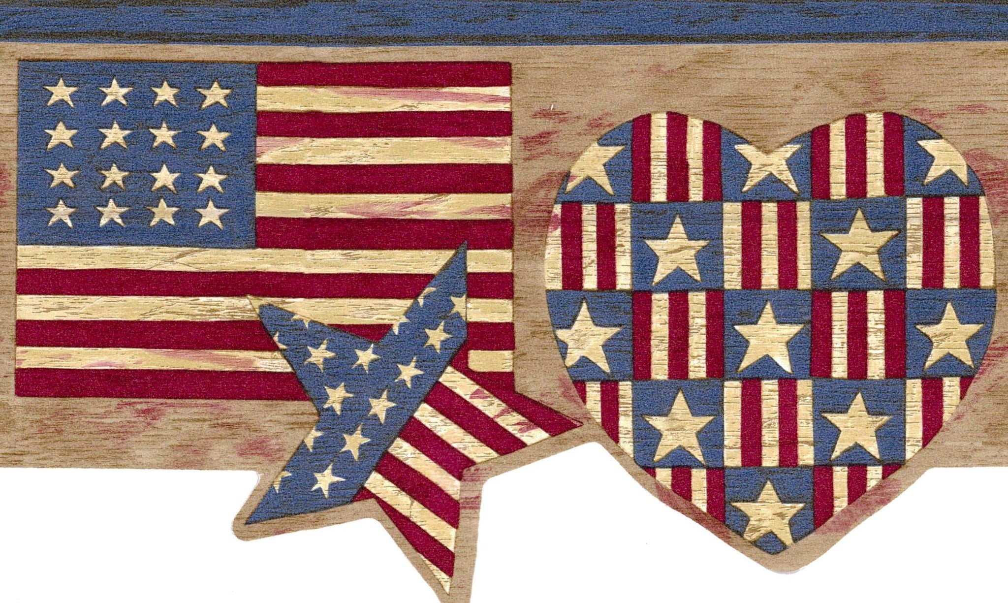 Prepasted Wallpaper Border - Patriotic Blue, Red, Beige American Flag, Star, Heart Scalloped Wall Border Retro Design, 15 ft x 6 in (4.57m x 15.24cm)