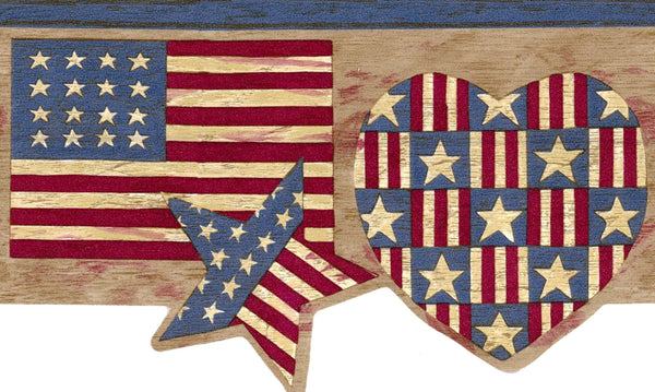 Prepasted Wallpaper Border - Patriotic Blue, Red, Beige American Flag, Star, Heart Scalloped Wall Border Retro Design, 15 ft x 6 in (4.57m x 15.24cm)