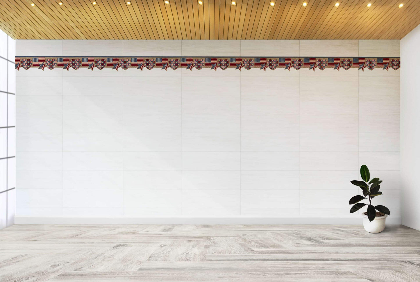 Prepasted Wallpaper Border - Patriotic Blue, Red, Beige American Flag, Star, Heart Scalloped Wall Border Retro Design, 15 ft x 6 in (4.57m x 15.24cm)