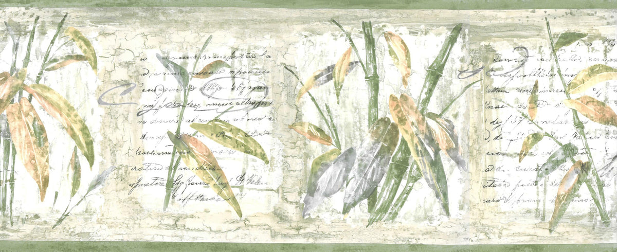 Scriptwallpaper Border Prepasted Wallpaper Border - Vintage Green, Beige, Grey Bamboo, Script