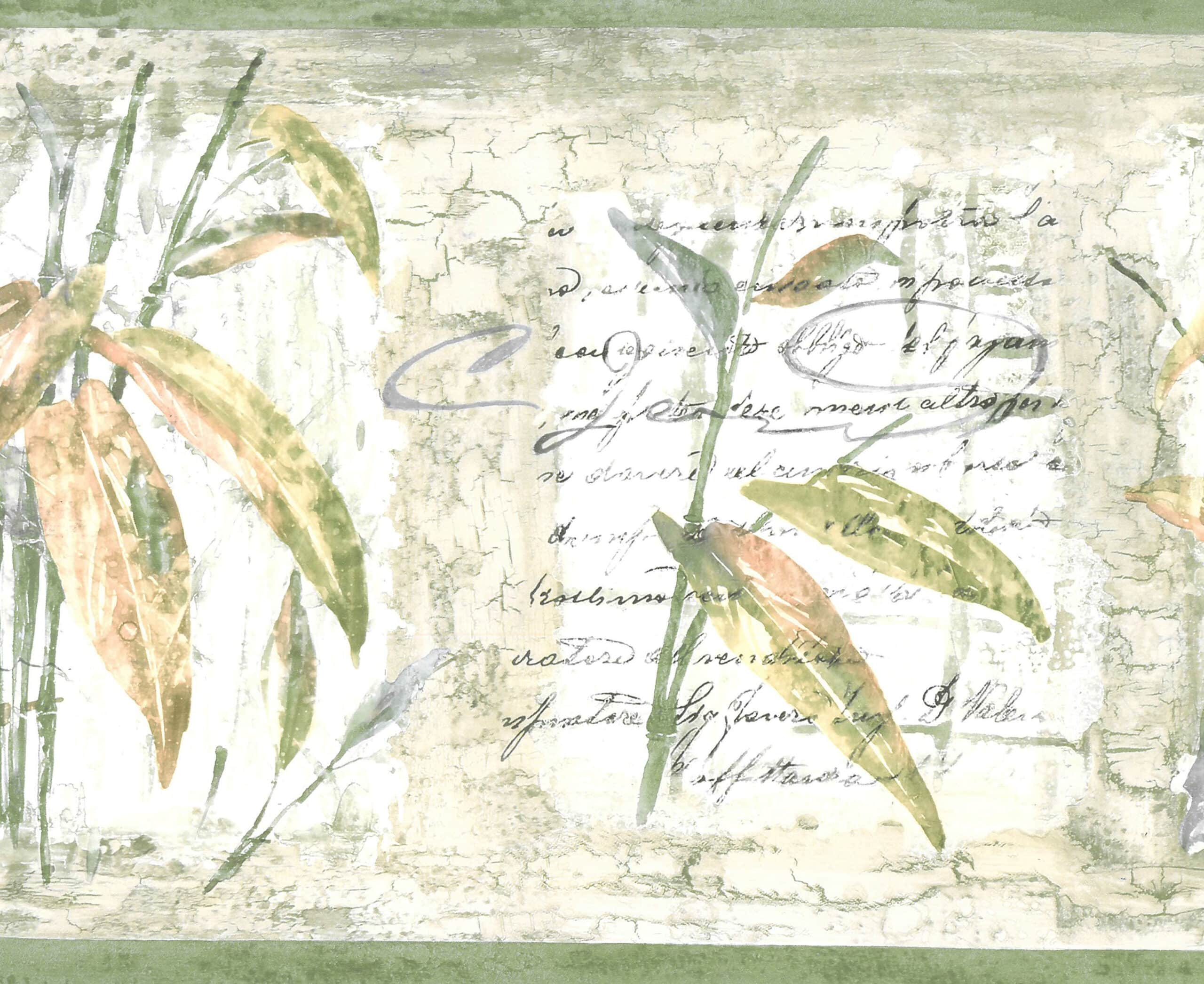 Scriptwallpaper Border Prepasted Wallpaper Border - Vintage Green, Beige, Grey Bamboo, Script