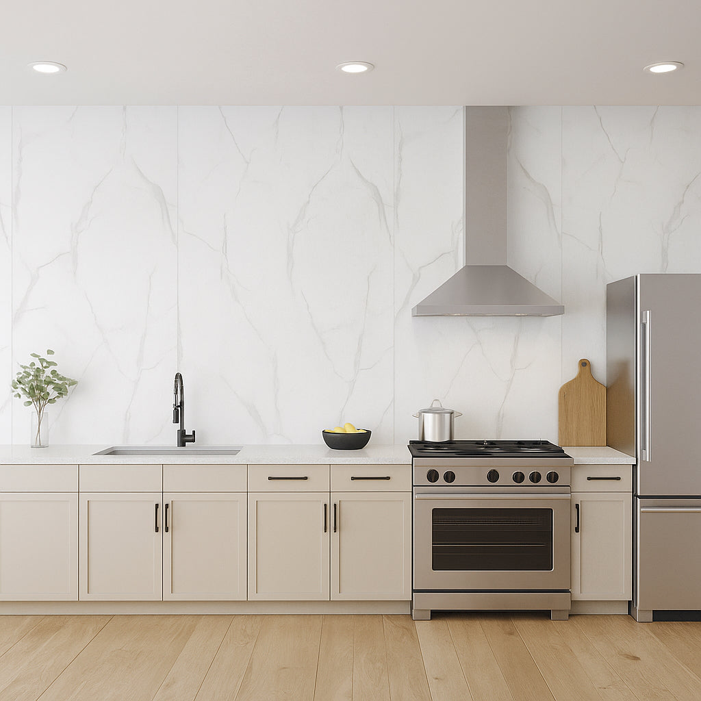 Faux Marble Wall Panels - 2 ft X 4 ft - Glossy, Waterproof Indoor Wall Cladding - White, Grey Veins