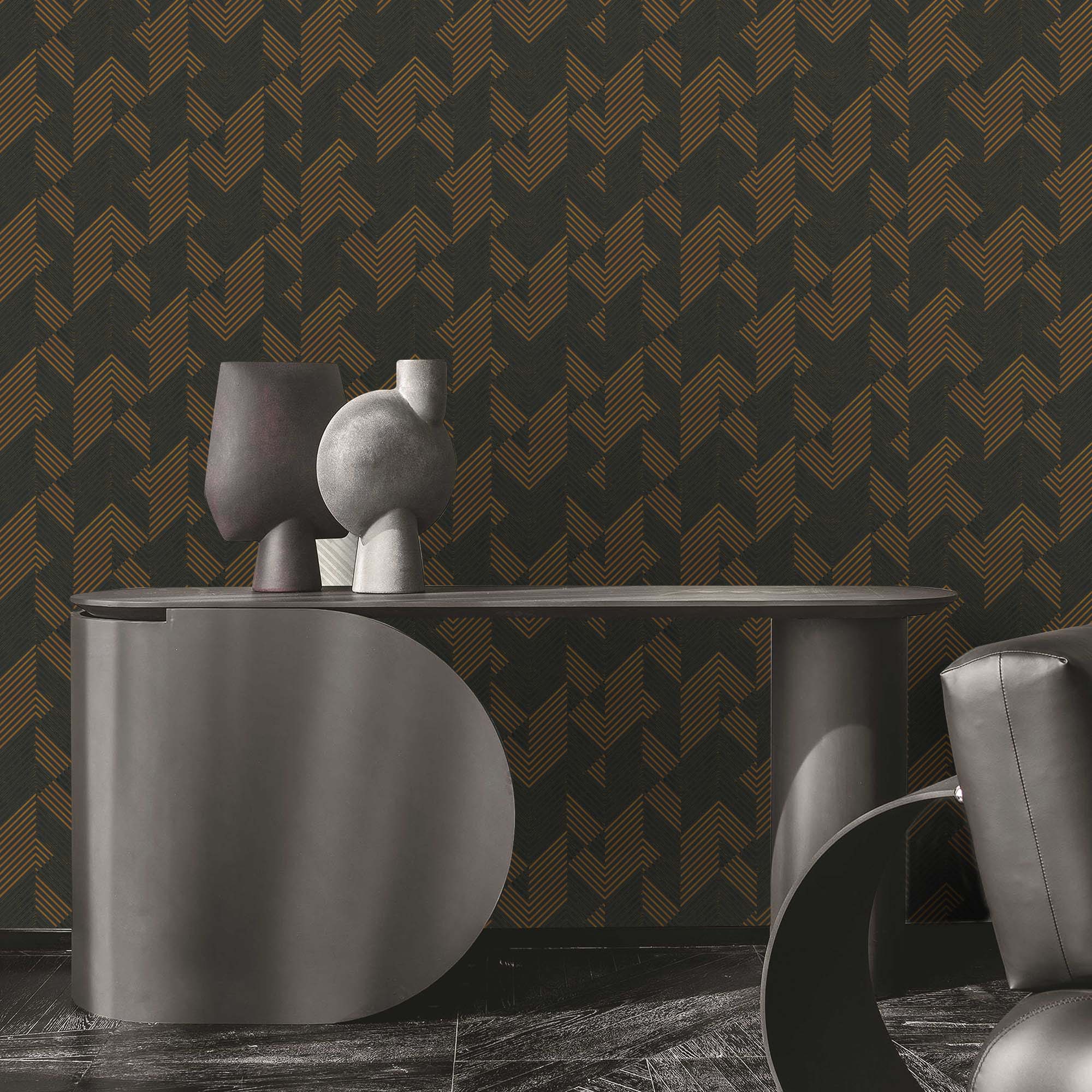 Textured Wallpaper Chevron in Gold|Grey